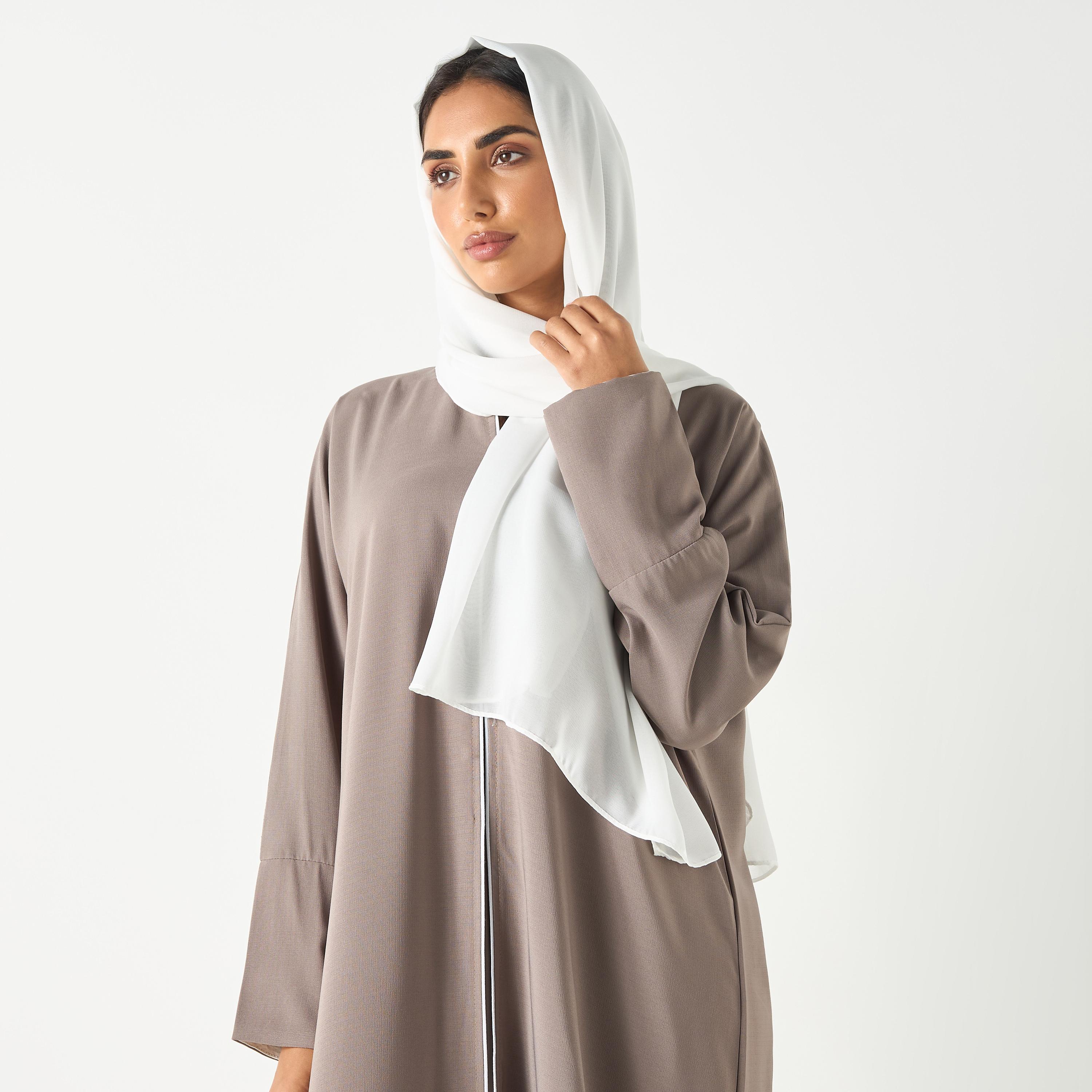 Hadiyath Al Madinah Solid V-neck Abaya with Hijab-women-arabicclothing-abayas-image-2