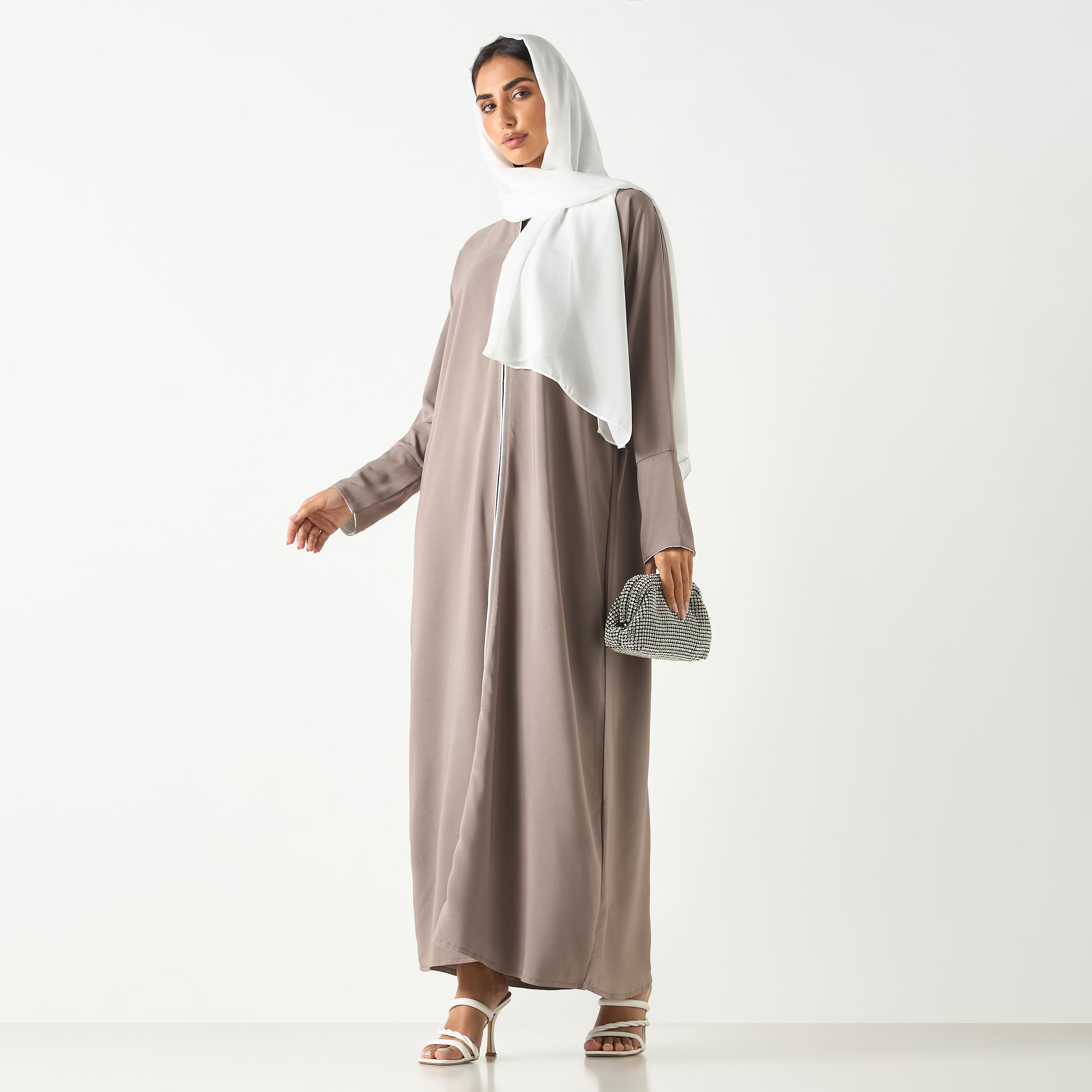 Hadiyath Al Madinah Solid V-neck Abaya with Hijab-women-arabicclothing-abayas-image-3