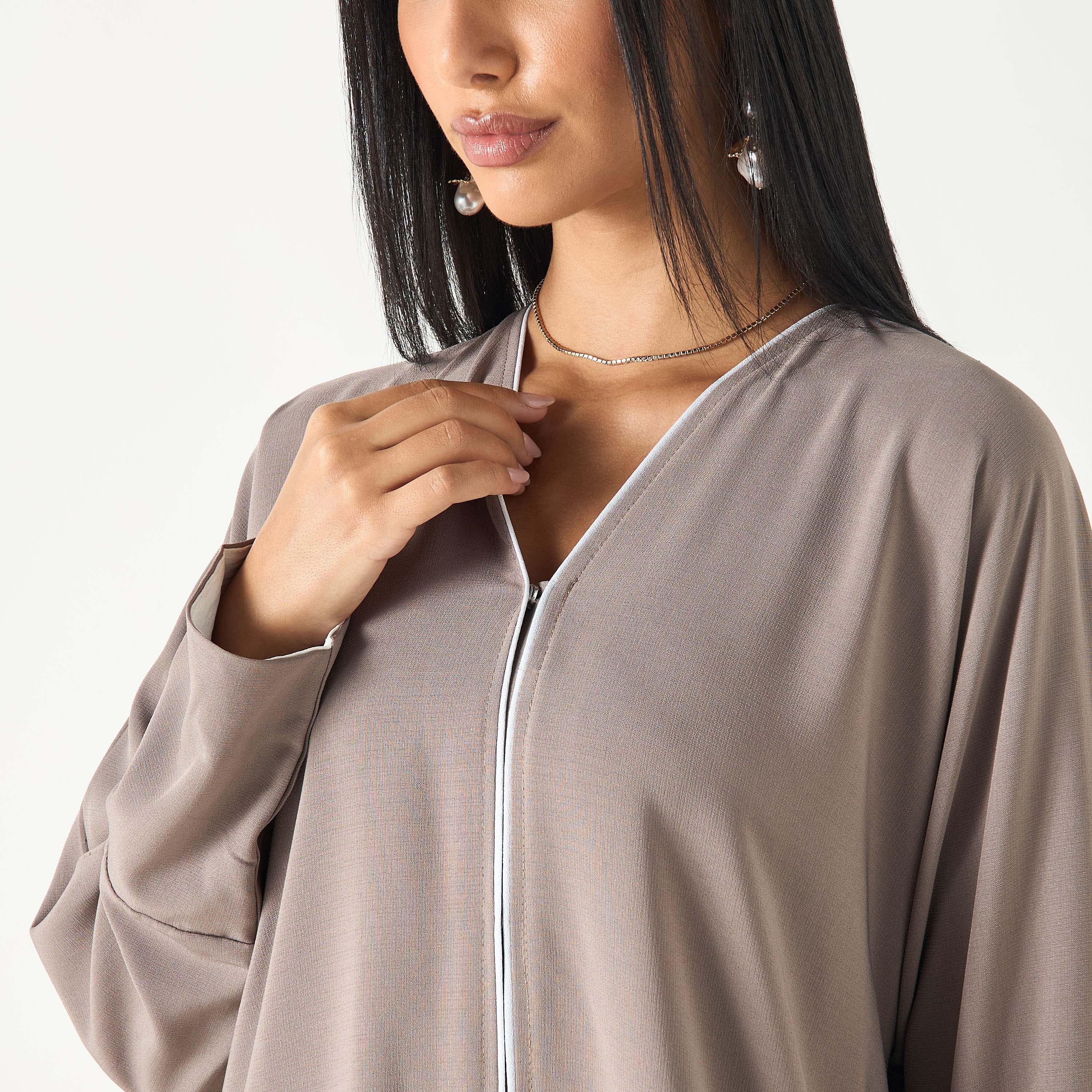 Hadiyath Al Madinah Solid V-neck Abaya with Hijab-women-arabicclothing-abayas-image-4
