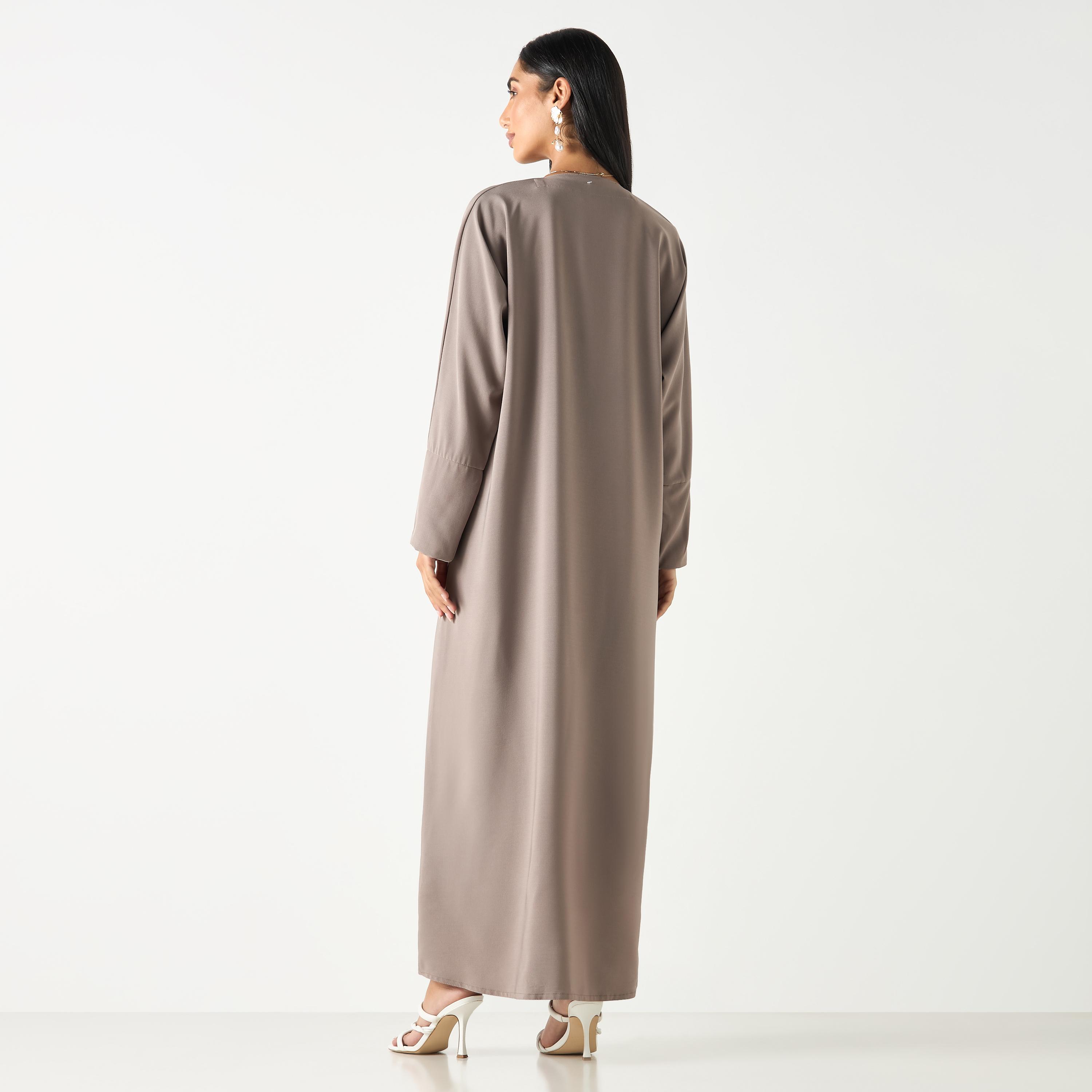 Hadiyath Al Madinah Solid V-neck Abaya with Hijab-women-arabicclothing-abayas-image-5