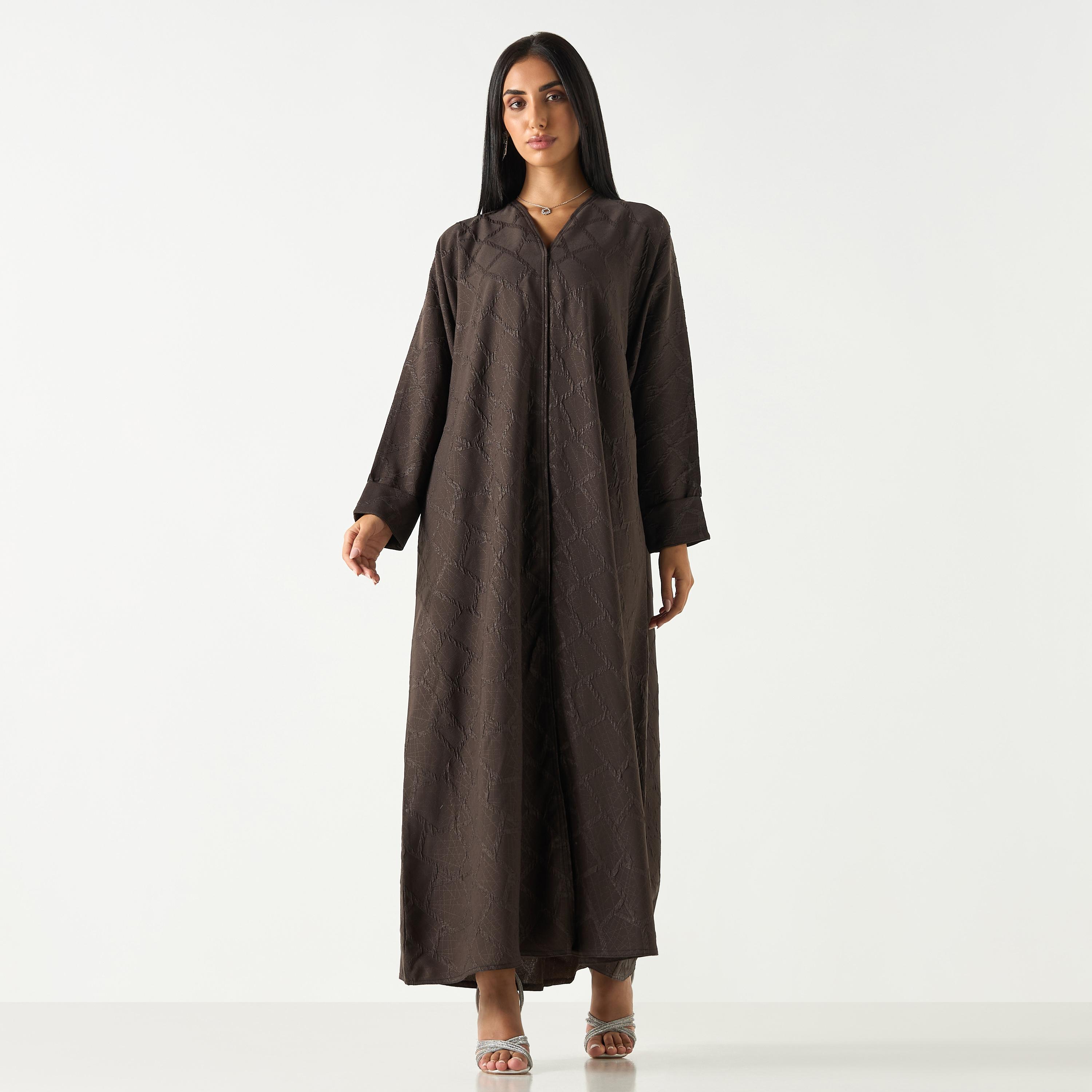 Hadiyath Al Madinah Textured V-neck Abaya with Hijab-women-arabicclothing-abayas-image-1