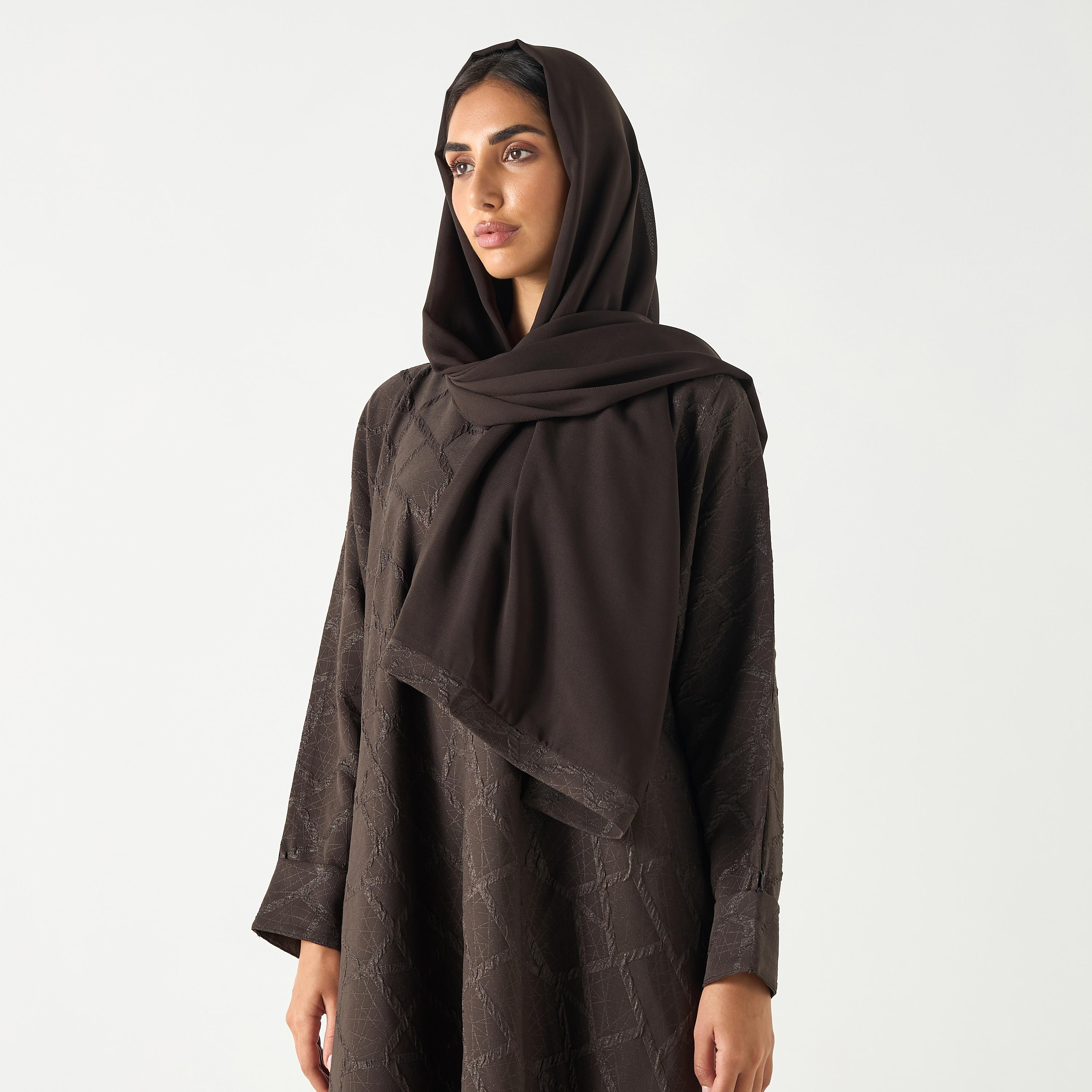 Hadiyath Al Madinah Textured V-neck Abaya with Hijab-women-arabicclothing-abayas-image-2