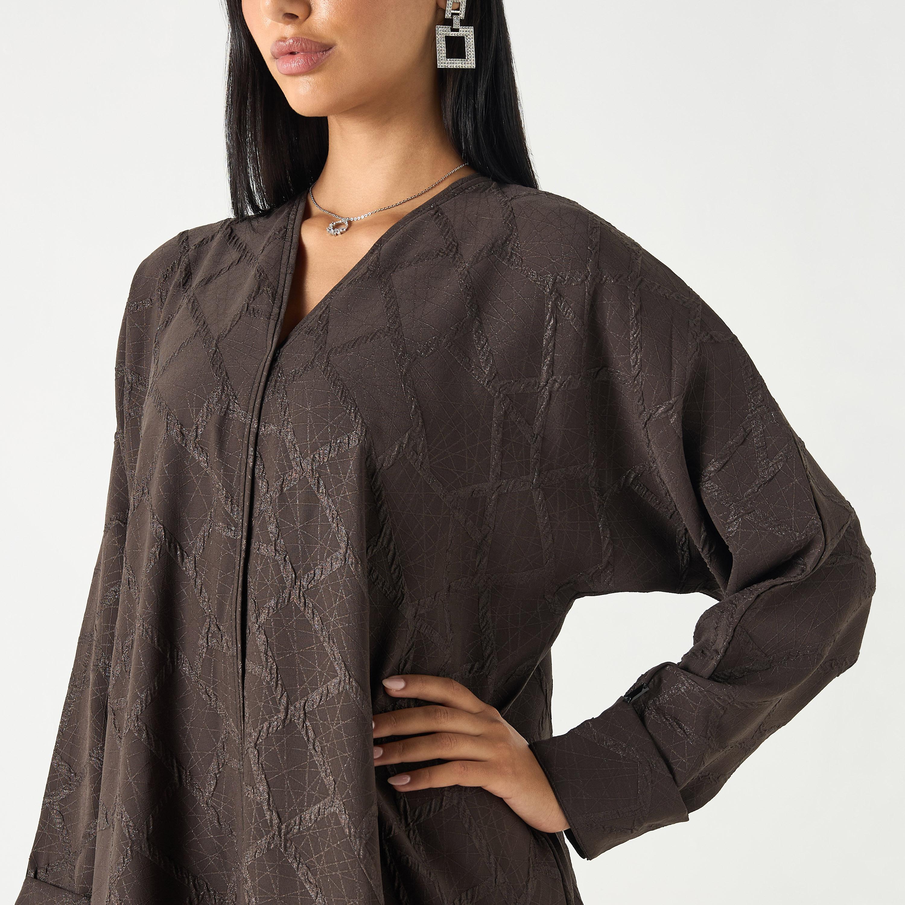 Hadiyath Al Madinah Textured V-neck Abaya with Hijab-women-arabicclothing-abayas-image-3