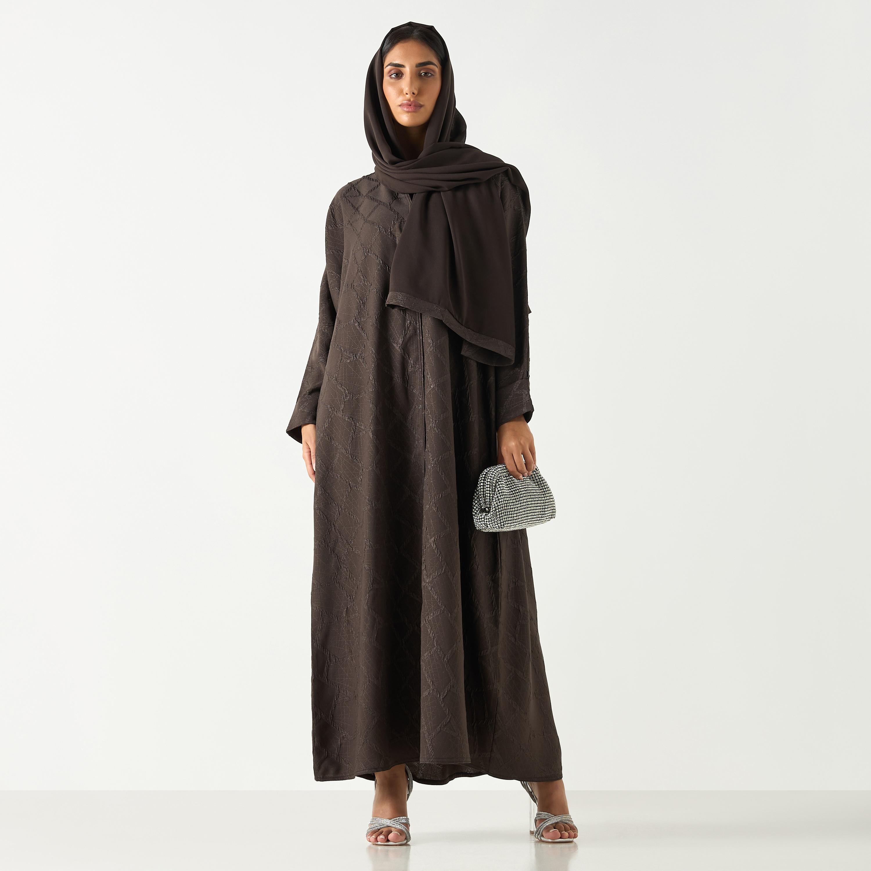Hadiyath Al Madinah Textured V-neck Abaya with Hijab-women-arabicclothing-abayas-image-5