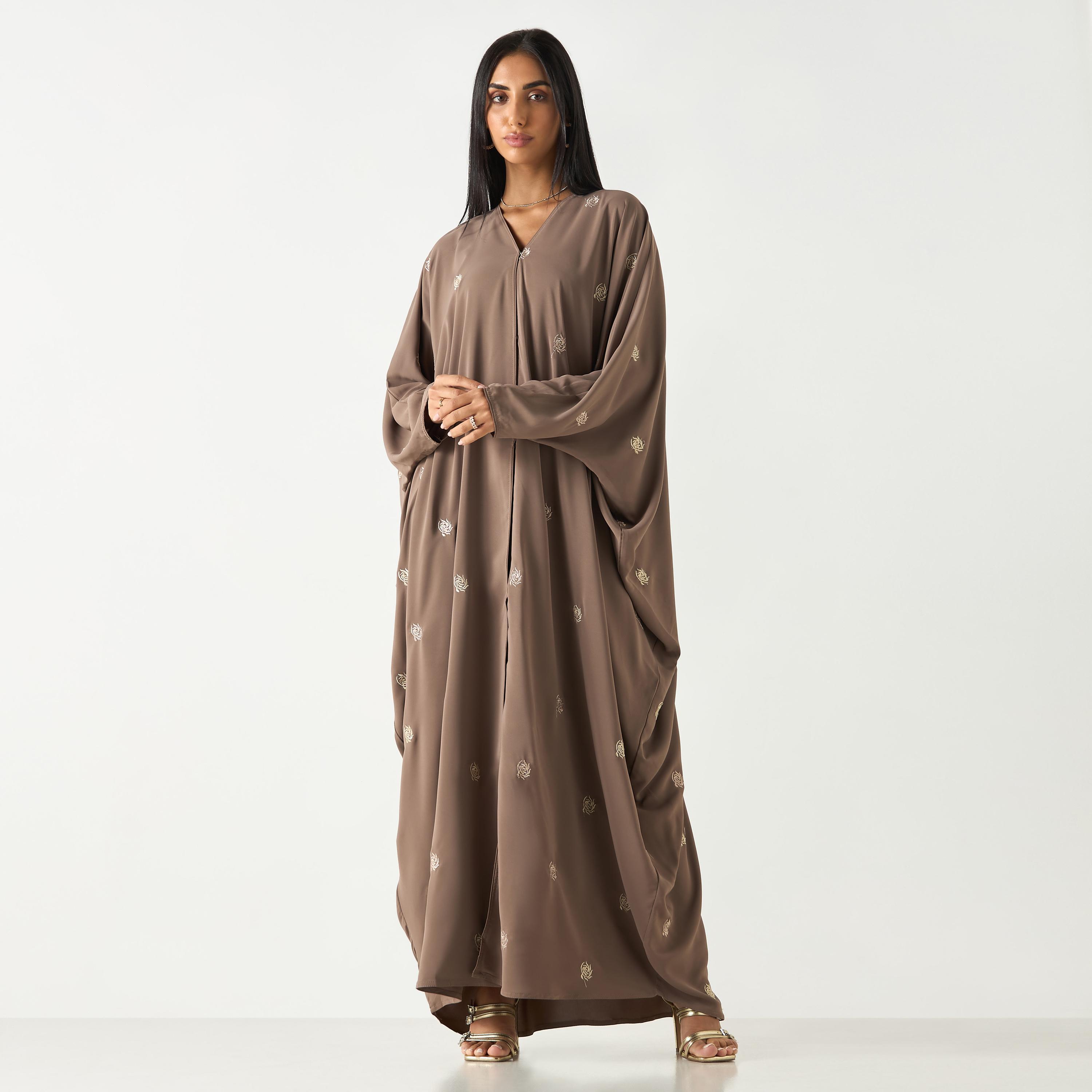 Hadiyath Al Madinah All-Over Embroidered V-neck Abaya with Hijab-women-arabicclothing-abayas-image-1
