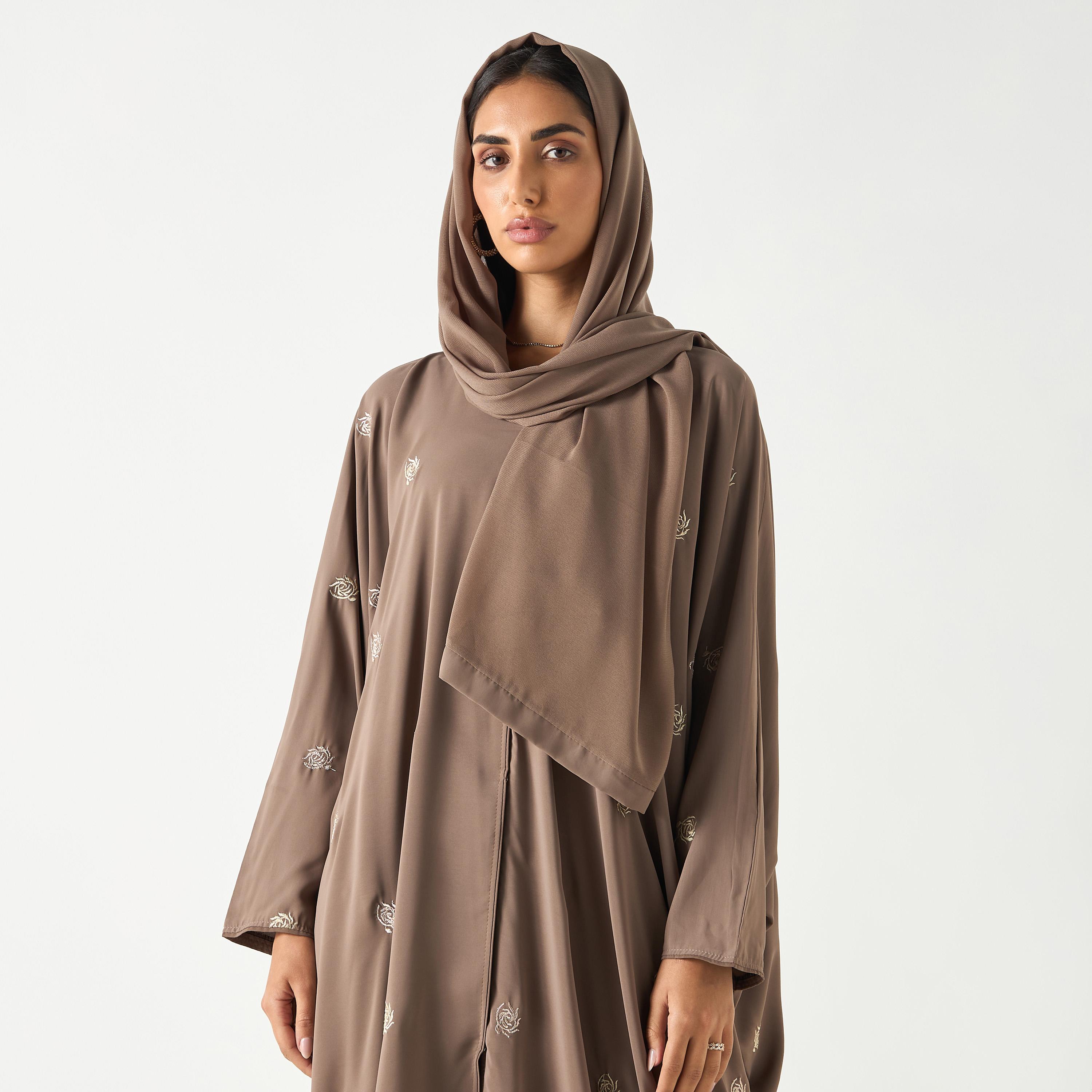 Hadiyath Al Madinah All-Over Embroidered V-neck Abaya with Hijab-women-arabicclothing-abayas-image-2