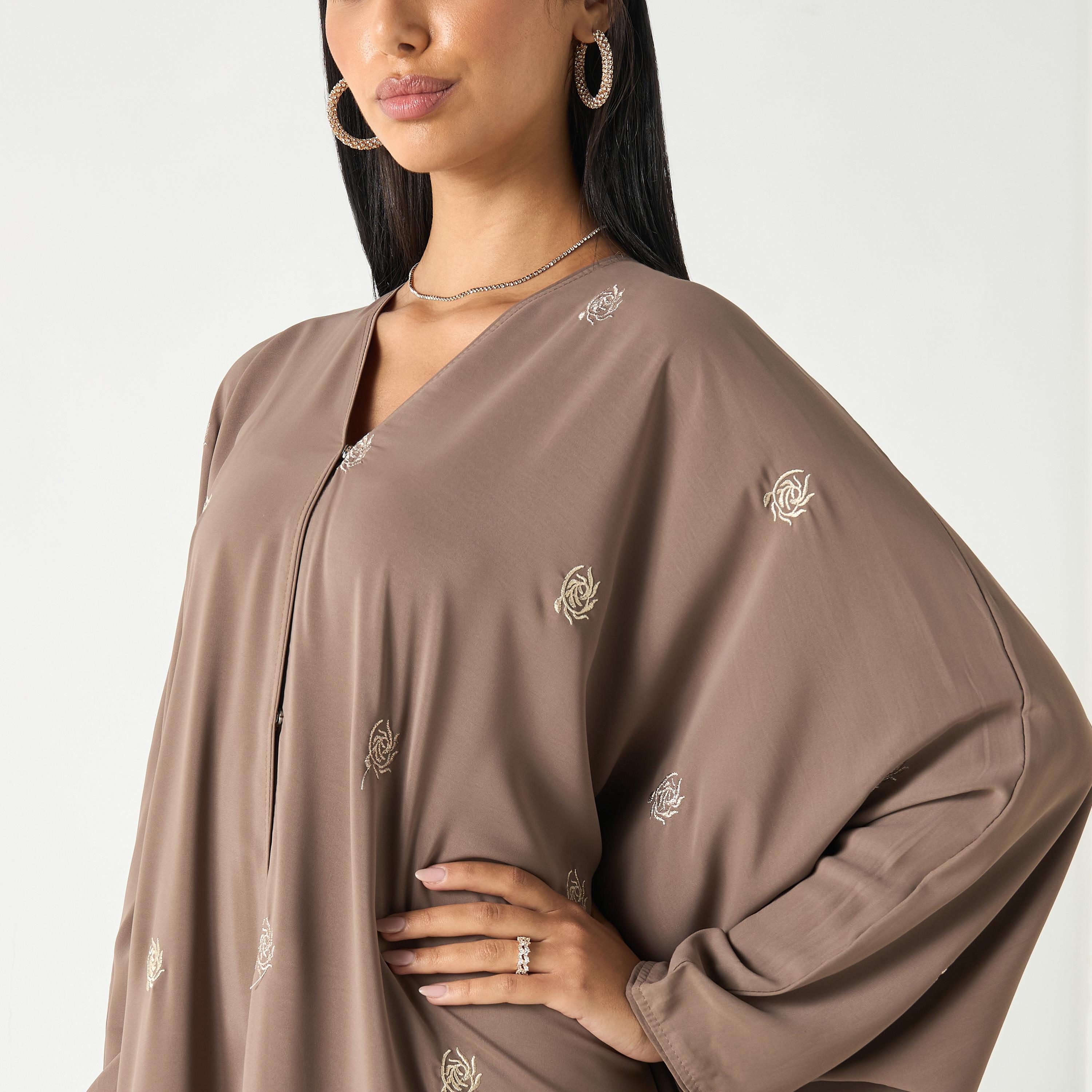 Hadiyath Al Madinah All-Over Embroidered V-neck Abaya with Hijab-women-arabicclothing-abayas-image-3