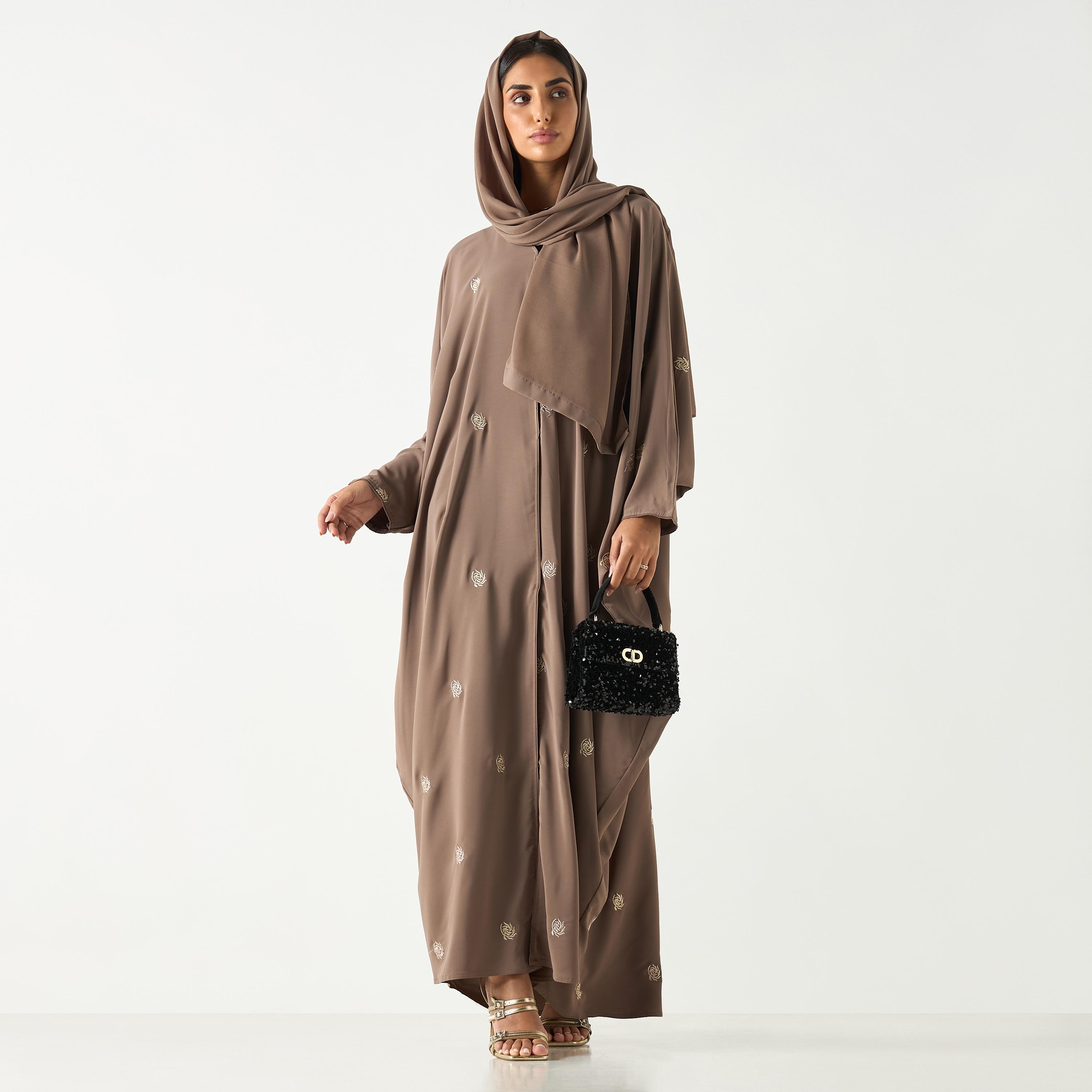 Hadiyath Al Madinah All-Over Embroidered V-neck Abaya with Hijab-women-arabicclothing-abayas-image-5