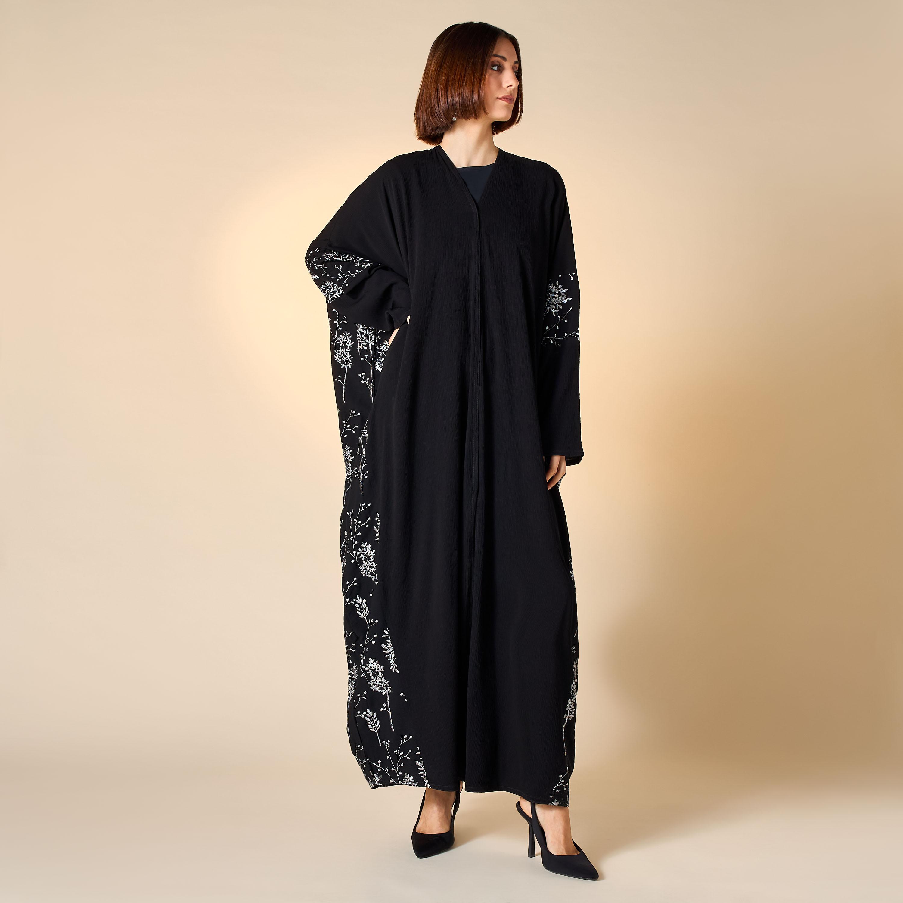Hadiyath Al Madinah Embroidered Abaya with V-neck-women-arabicclothing-abayas-image-1