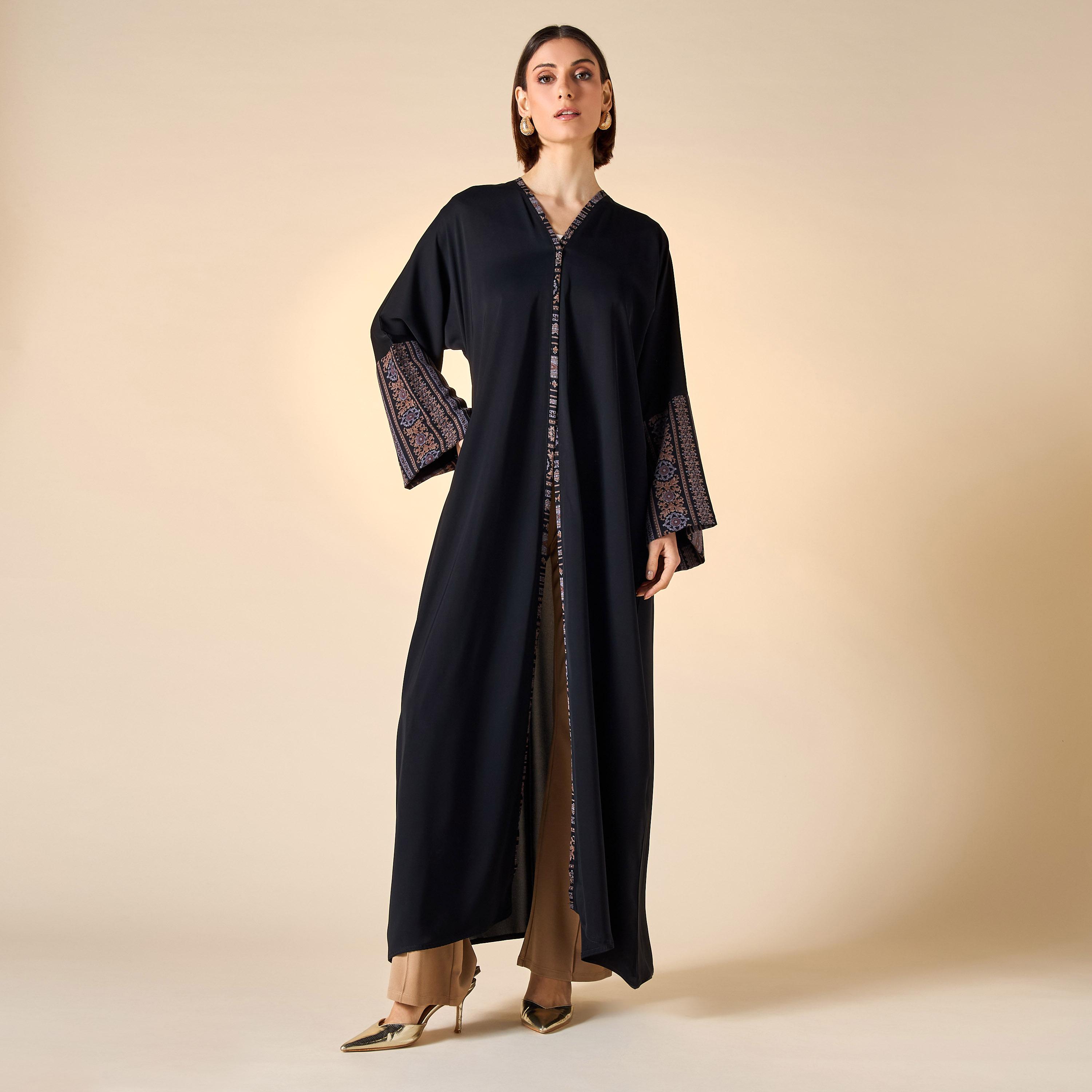 Hadiyath Al Madinah Panel Detail Abaya with V-neck and Hijab-women-arabicclothing-abayas-image-1