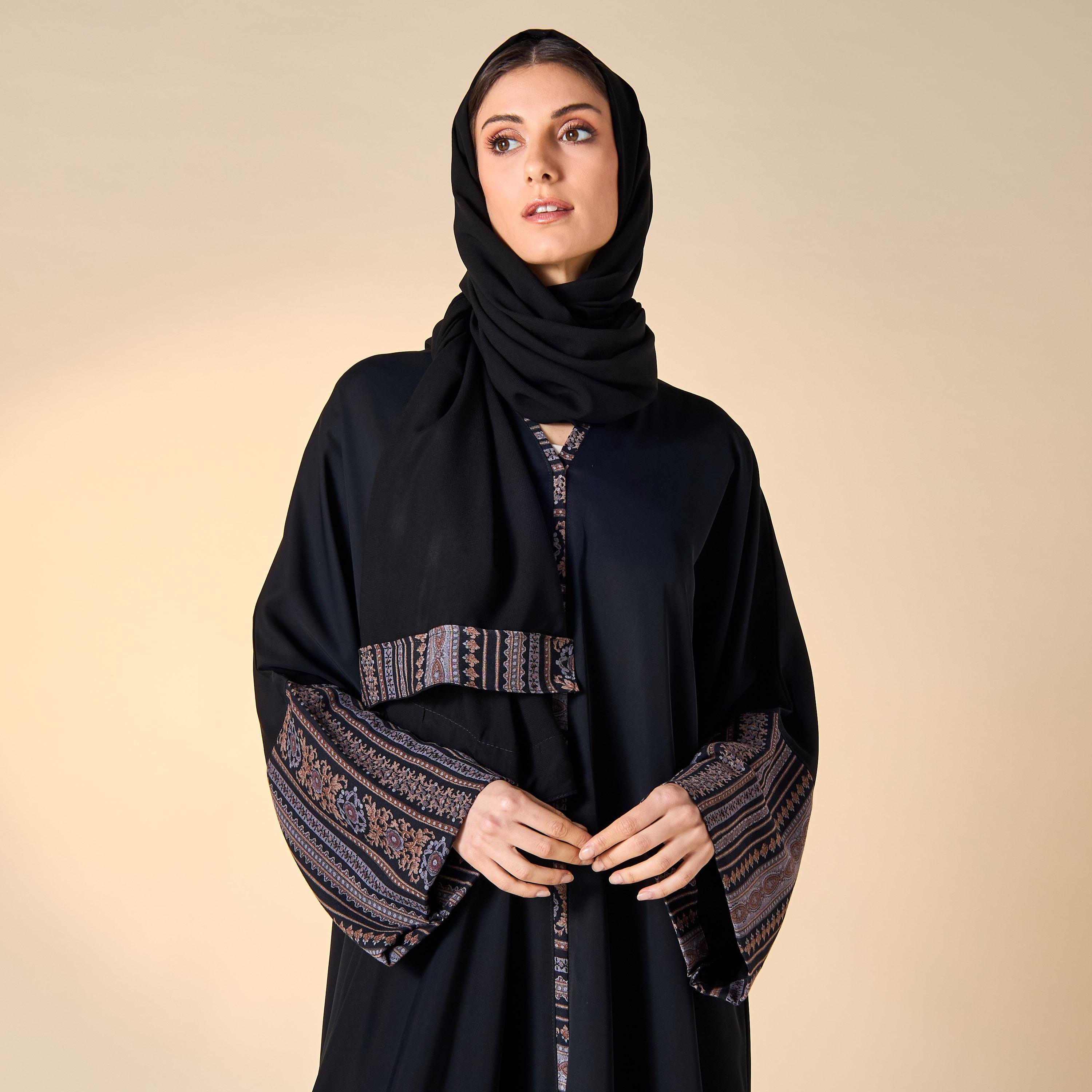 Hadiyath Al Madinah Panel Detail Abaya with V-neck and Hijab-women-arabicclothing-abayas-image-2