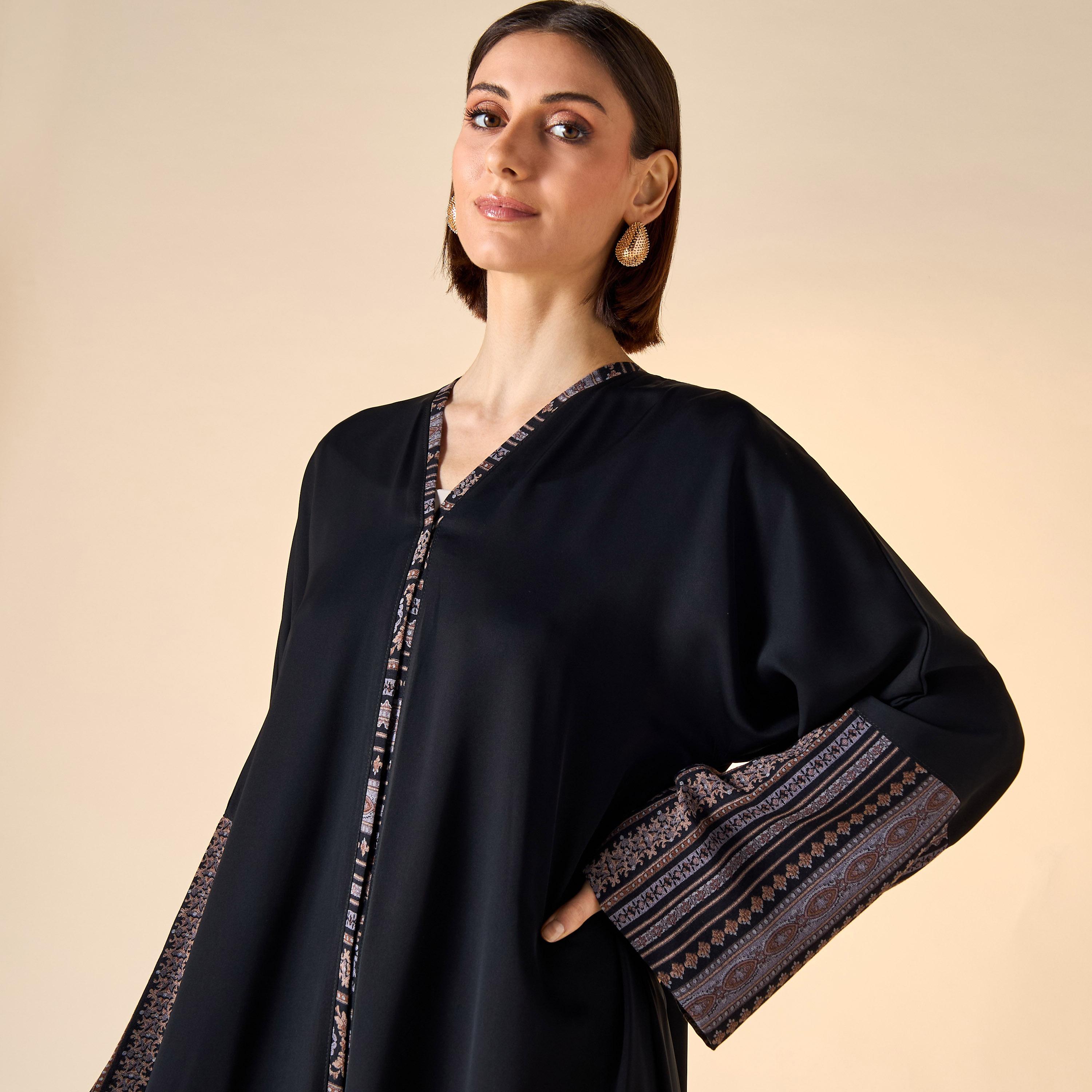 Hadiyath Al Madinah Panel Detail Abaya with V-neck and Hijab-women-arabicclothing-abayas-image-3