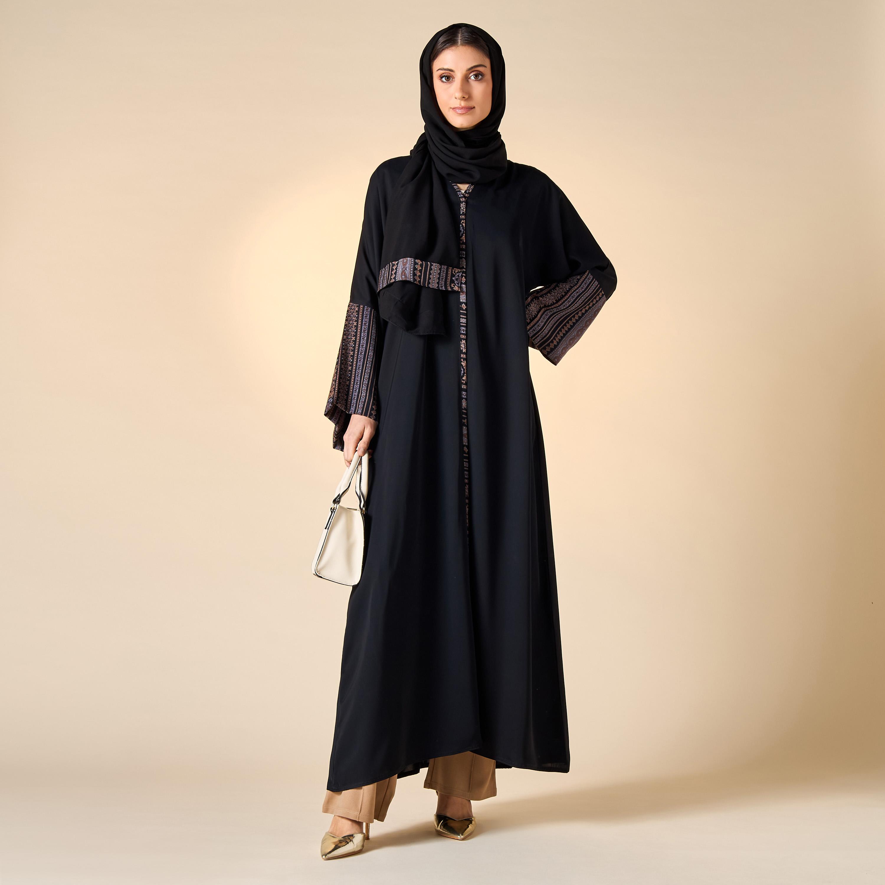 Hadiyath Al Madinah Panel Detail Abaya with V-neck and Hijab-women-arabicclothing-abayas-image-4