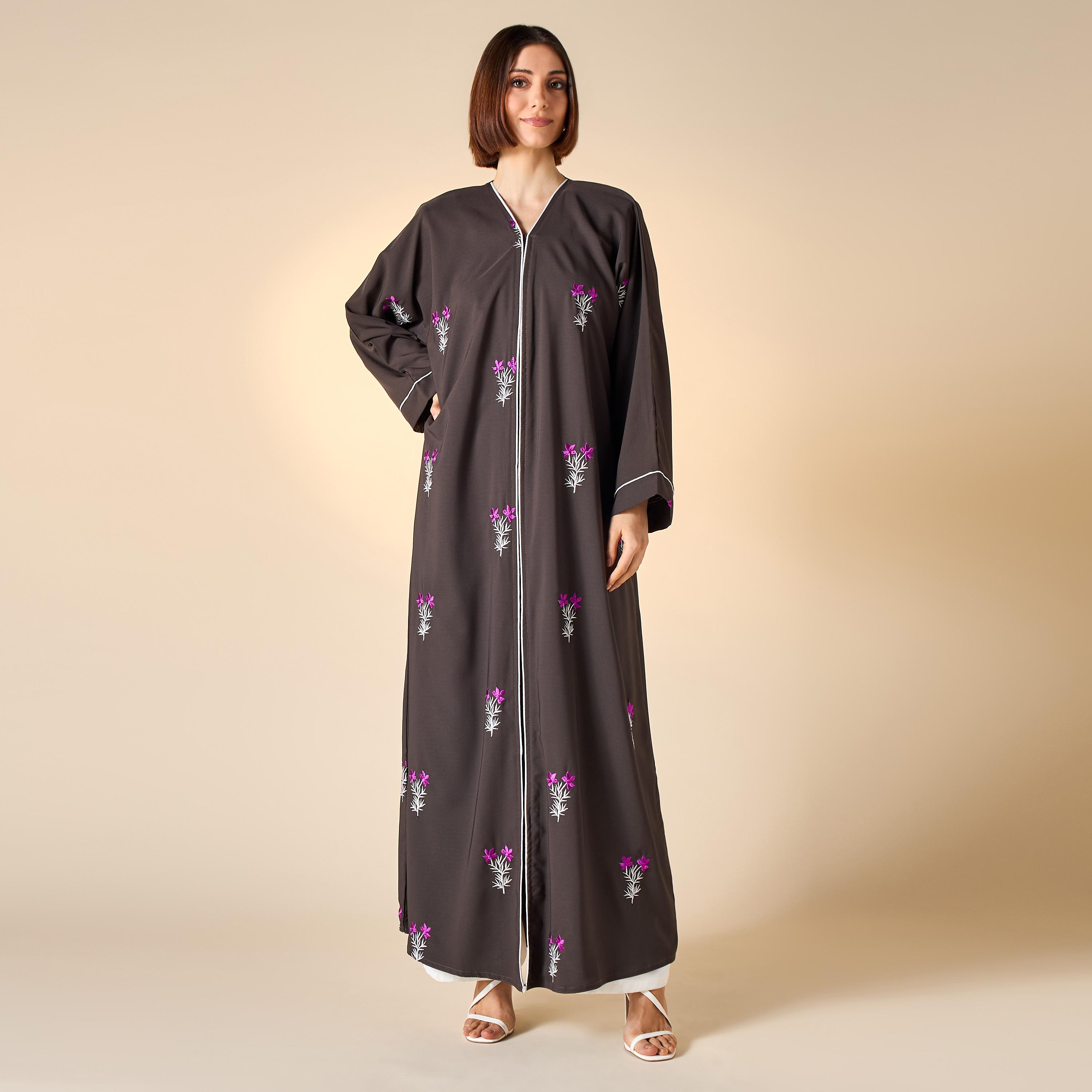 Hadiyath Al Madinah Floral Embroidered Abaya with Hijab-women-arabicclothing-abayas-image-1