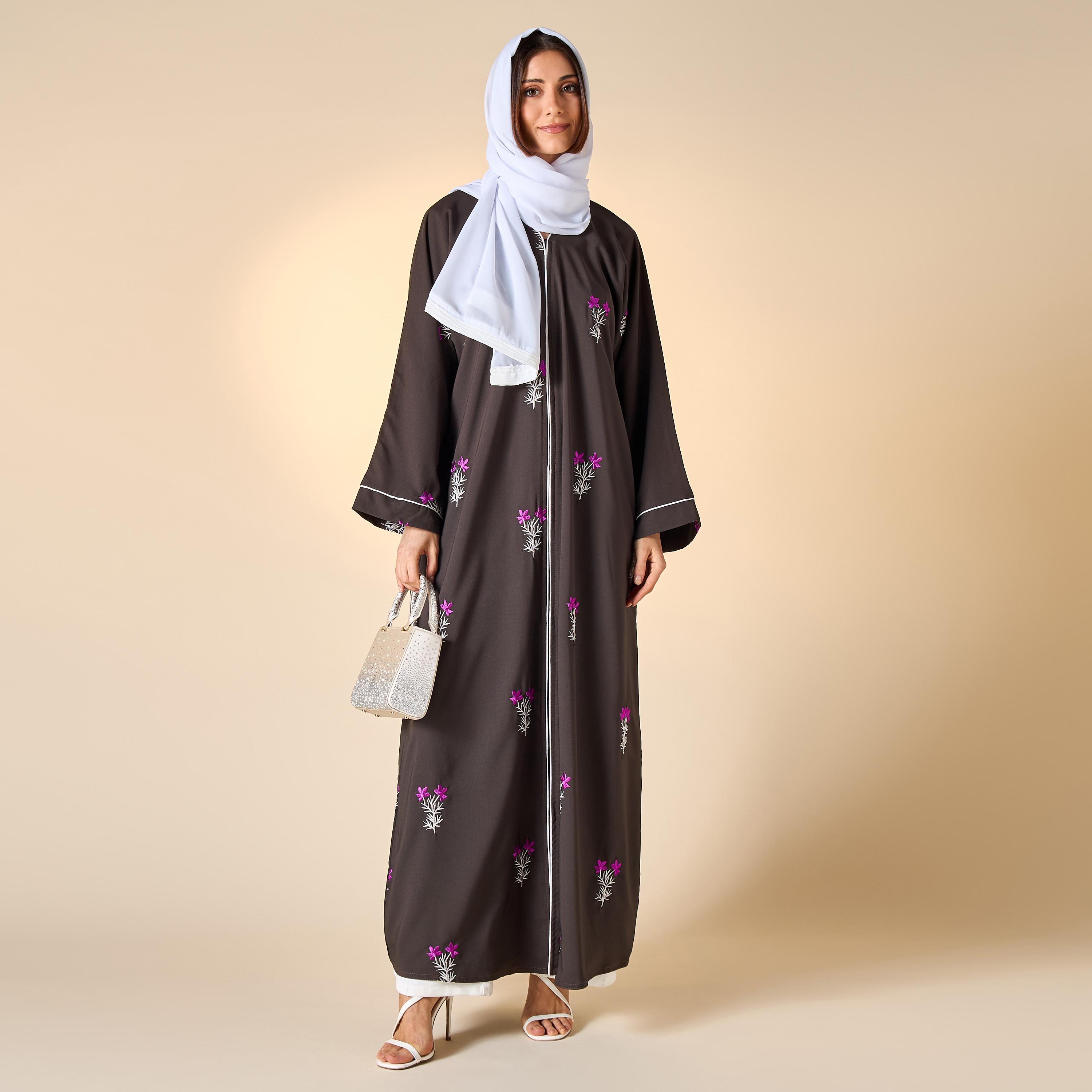 Hadiyath Al Madinah Floral Embroidered Abaya with Hijab-women-arabicclothing-abayas-image-4