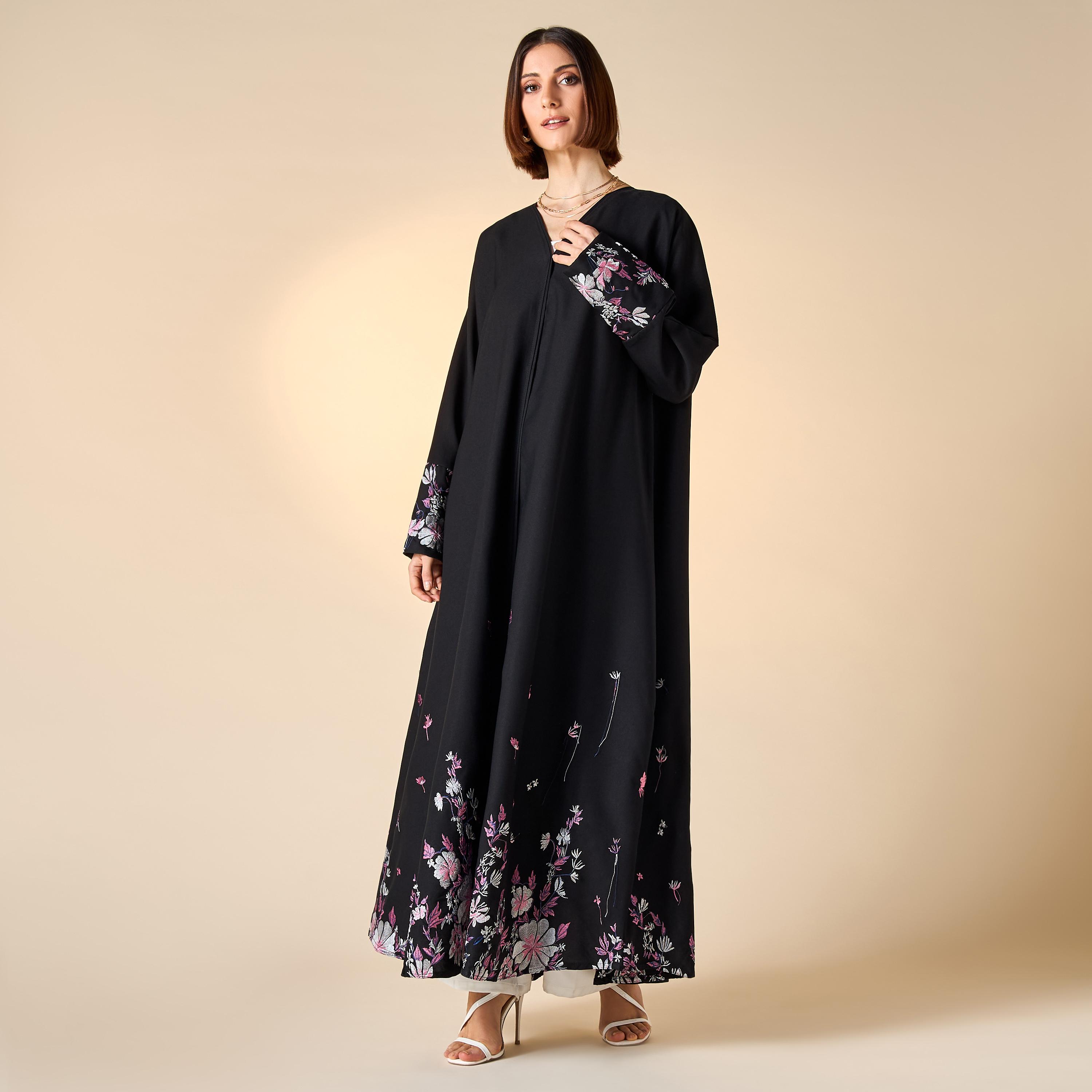 Hadiyath Al Madinah Embroidered Abaya with V-neck and Hijab-women-arabicclothing-abayas-image-1