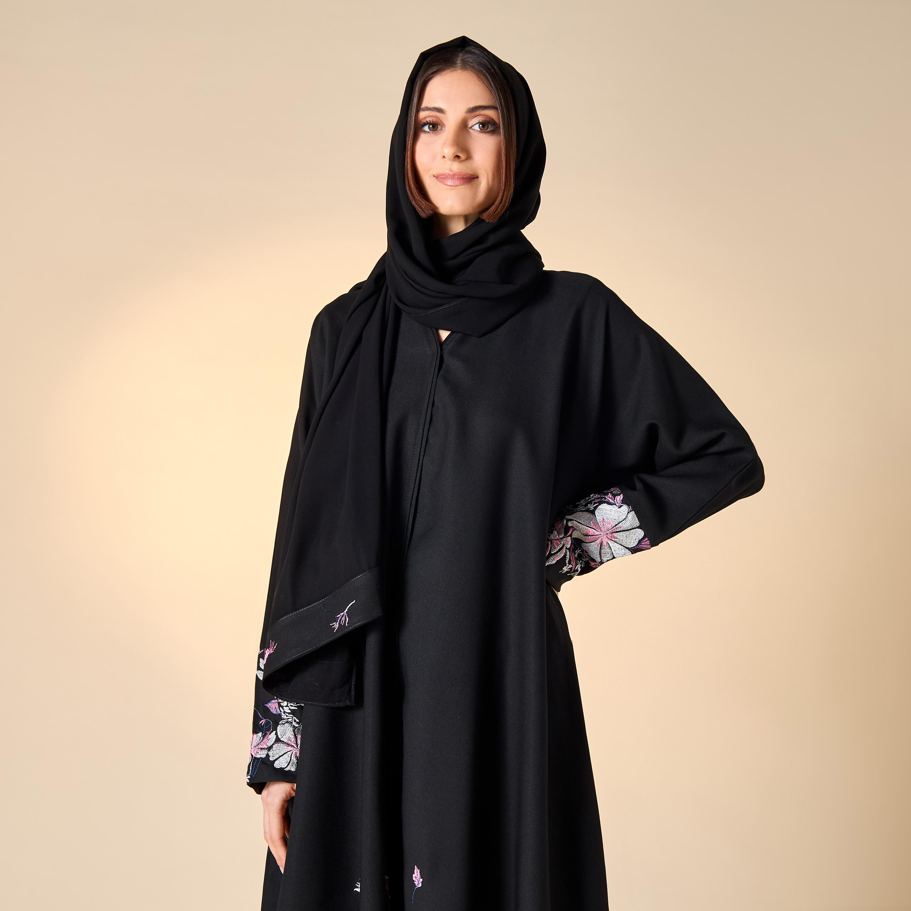 Hadiyath Al Madinah Embroidered Abaya with V-neck and Hijab-women-arabicclothing-abayas-image-2