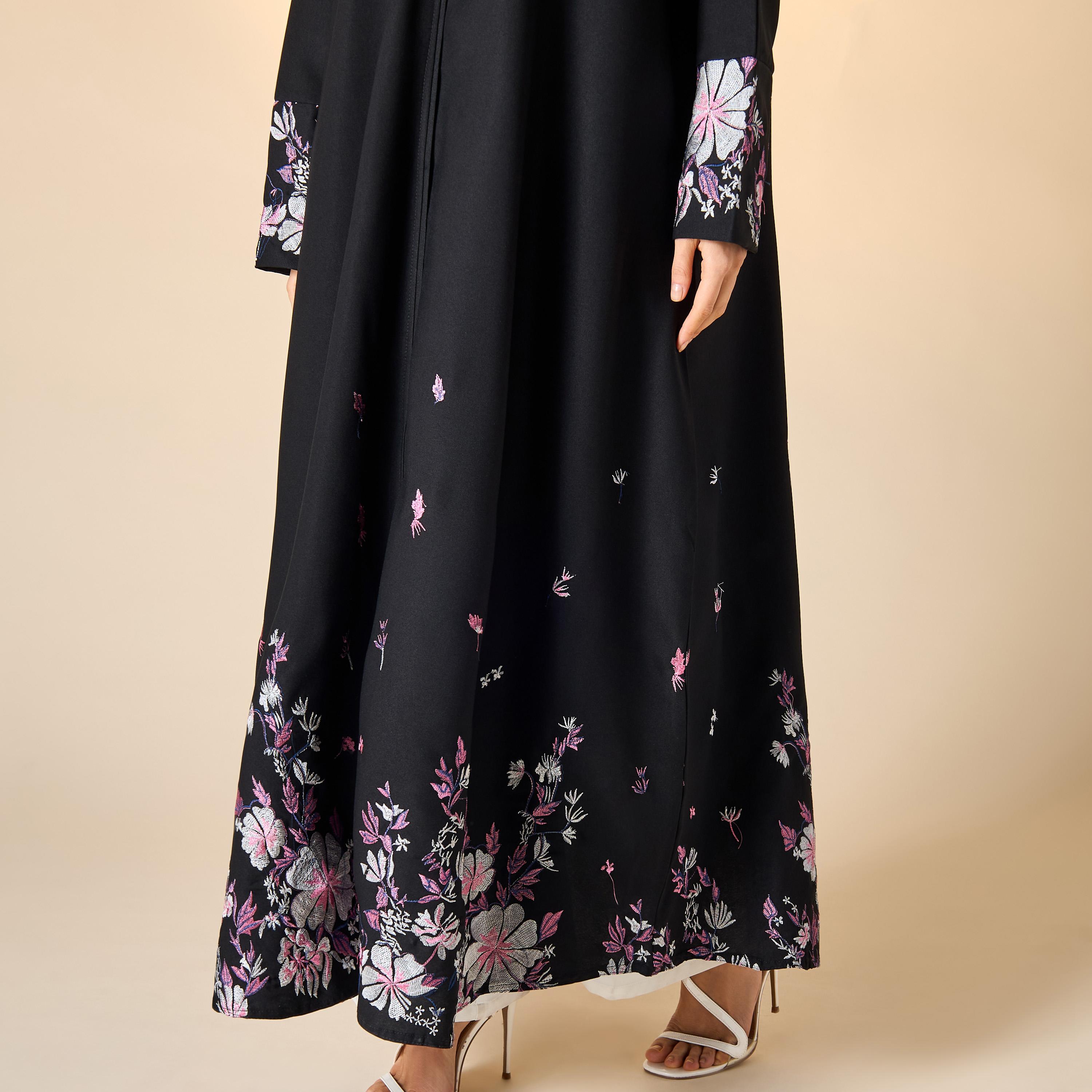 Hadiyath Al Madinah Embroidered Abaya with V-neck and Hijab-women-arabicclothing-abayas-image-3