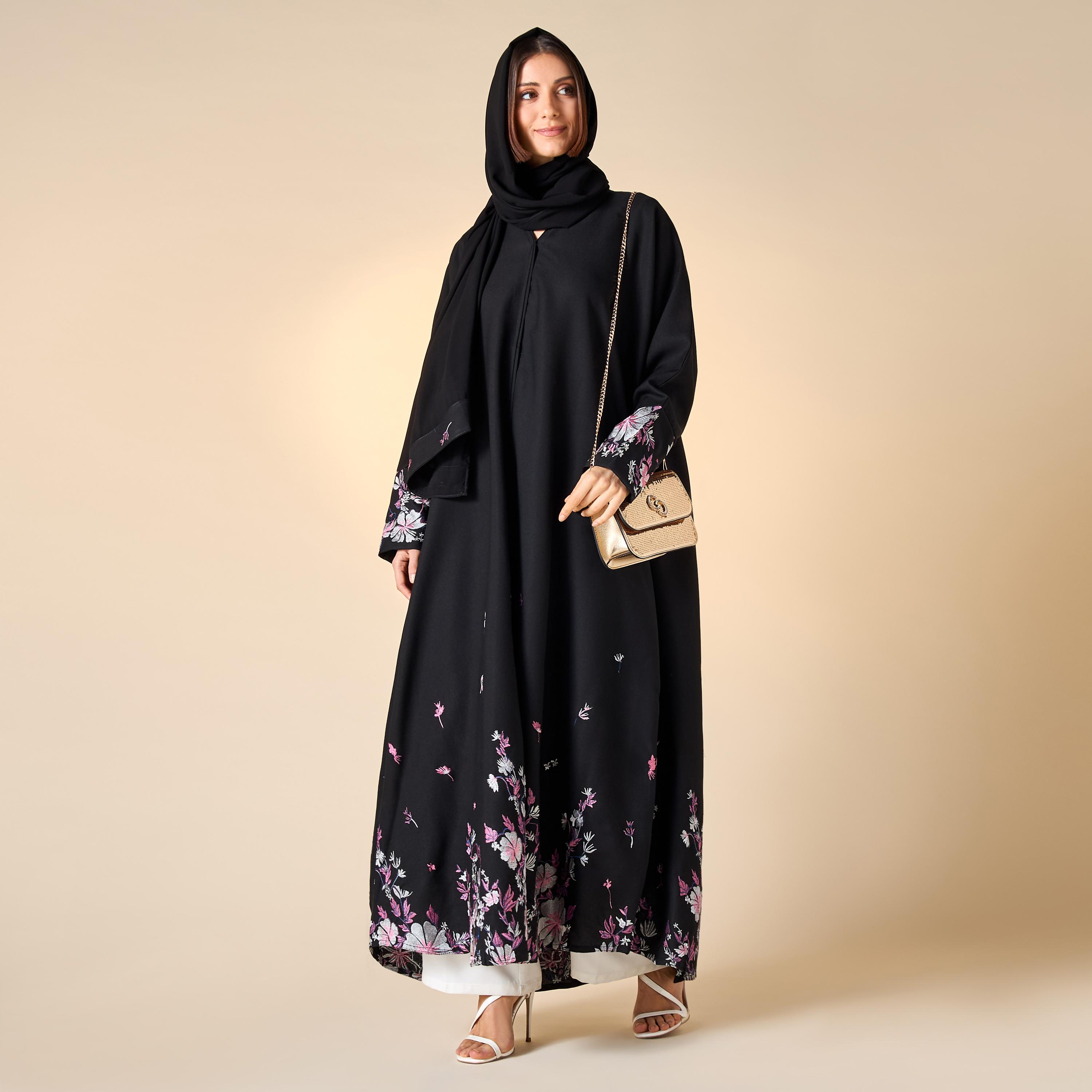 Hadiyath Al Madinah Embroidered Abaya with V-neck and Hijab-women-arabicclothing-abayas-image-4