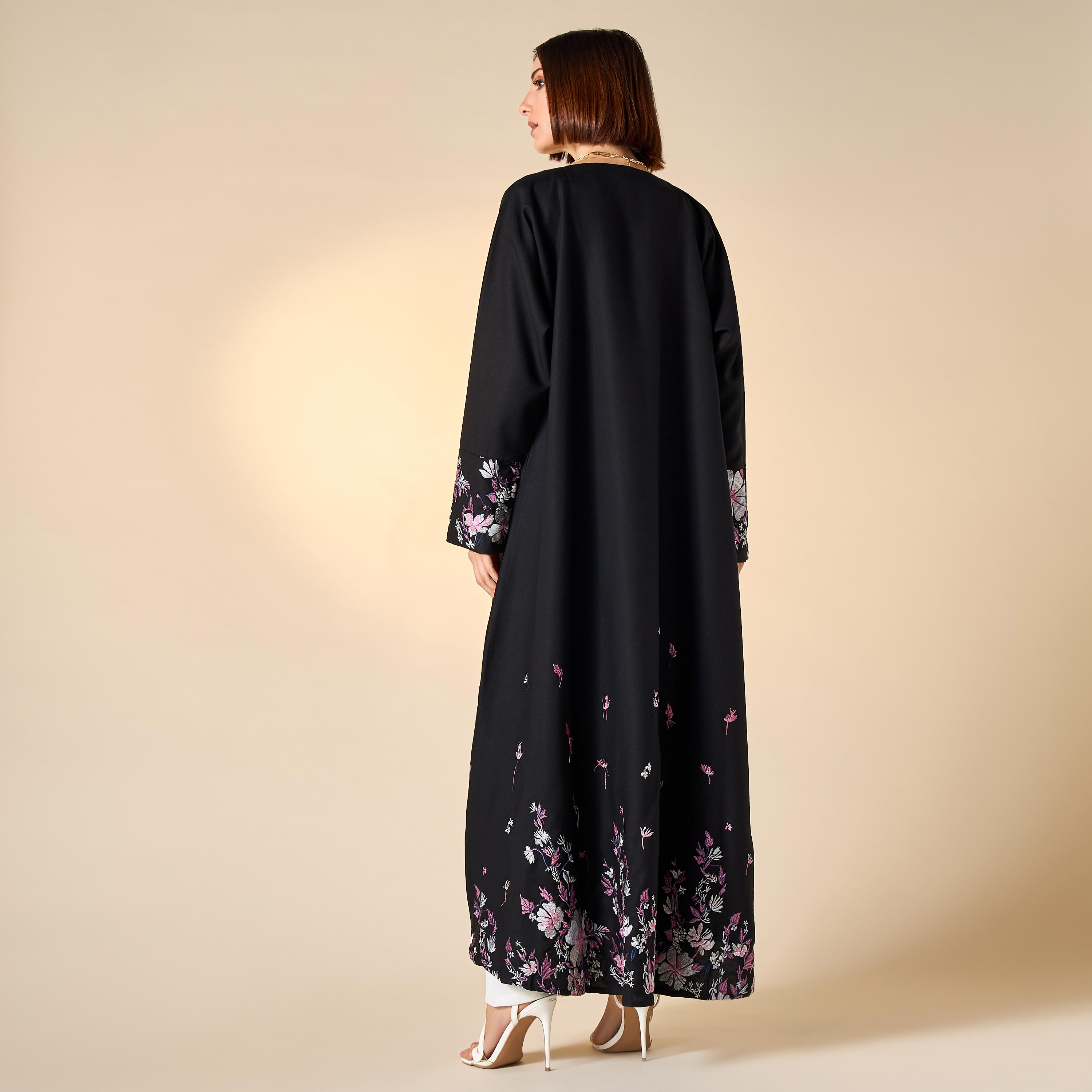 Hadiyath Al Madinah Embroidered Abaya with V-neck and Hijab-women-arabicclothing-abayas-image-5