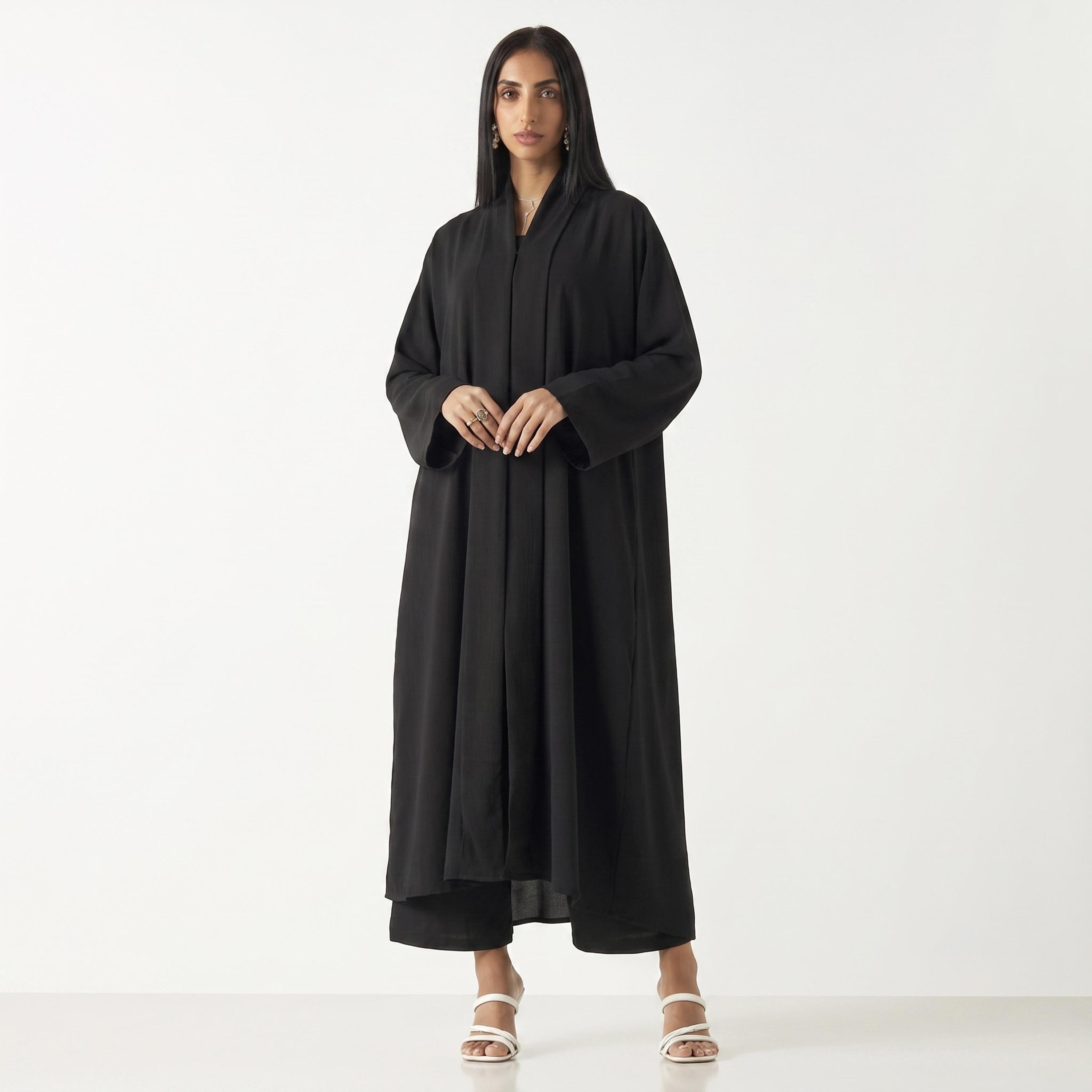 طقم عباءة وحجاب نيدا للنساء باللون الأسود مع توب داخلي وبنطال من حديث المدينة-women-arabicclothing-sets-image-1
