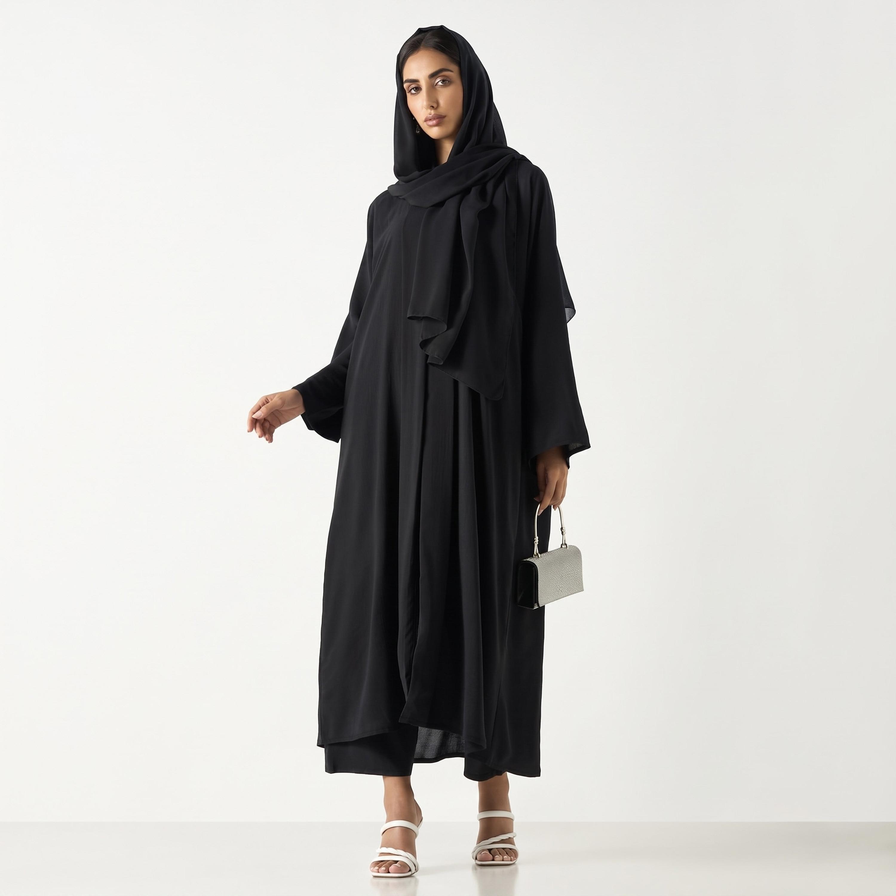 طقم عباءة وحجاب نيدا للنساء باللون الأسود مع توب داخلي وبنطال من حديث المدينة-women-arabicclothing-sets-image-3