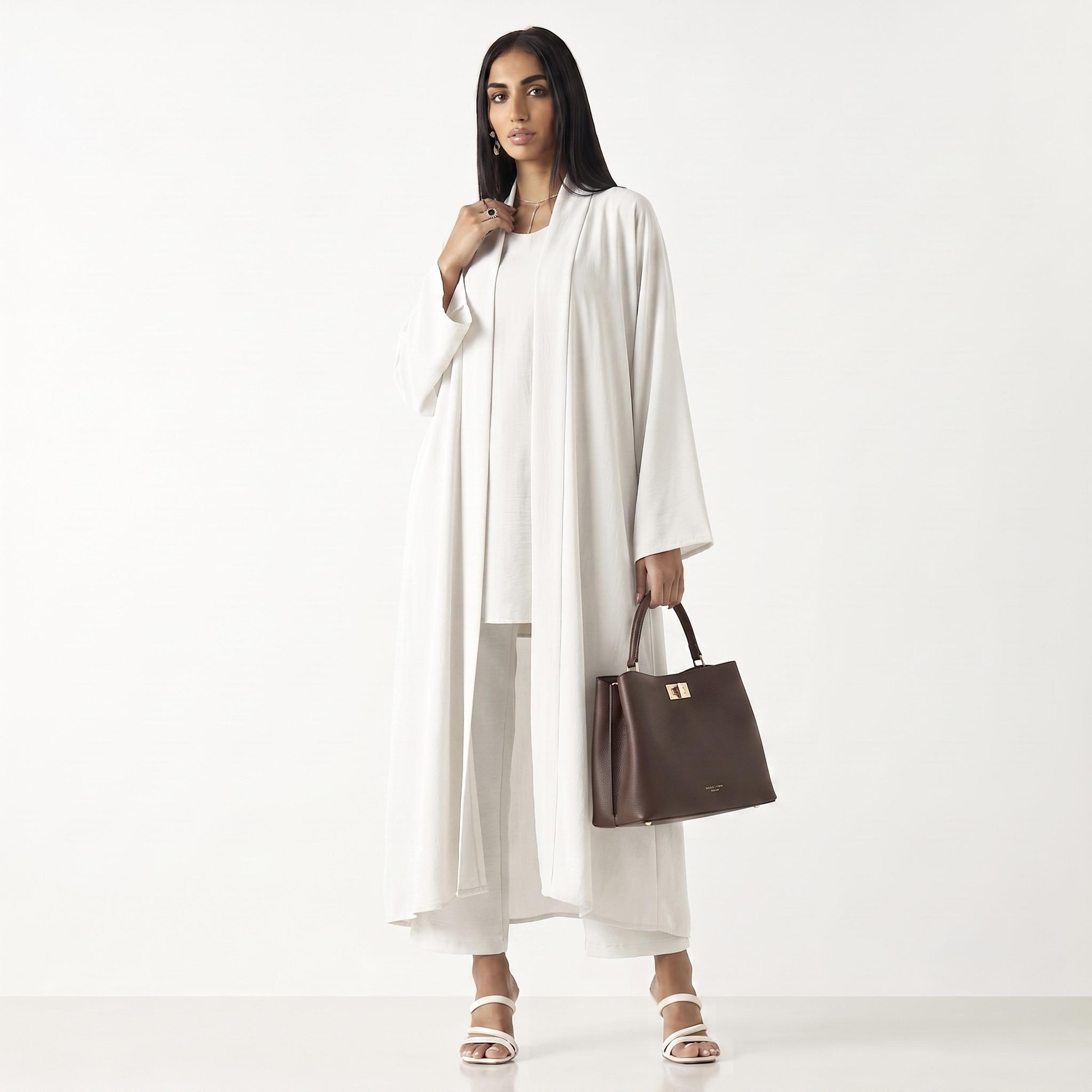 طقم عباءة وحجاب نيدا للنساء باللون الأبيض مع توب داخلي وبنطال من حديث المدينة-women-arabicclothing-sets-image-3