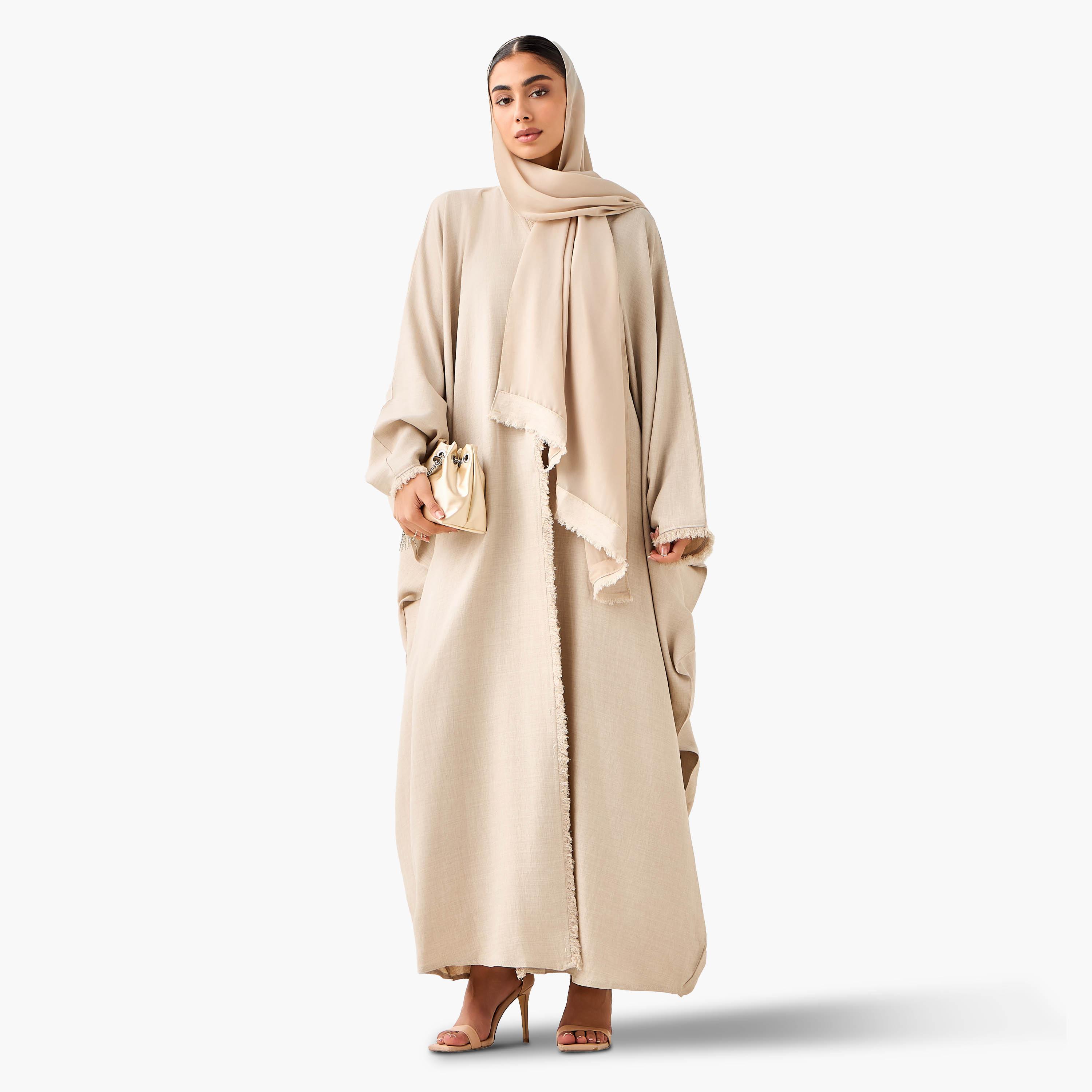 Hadiyath Al Madinah Frayed Hem Detail Abaya with Hijab-women-arabicclothing-abayas-image-1