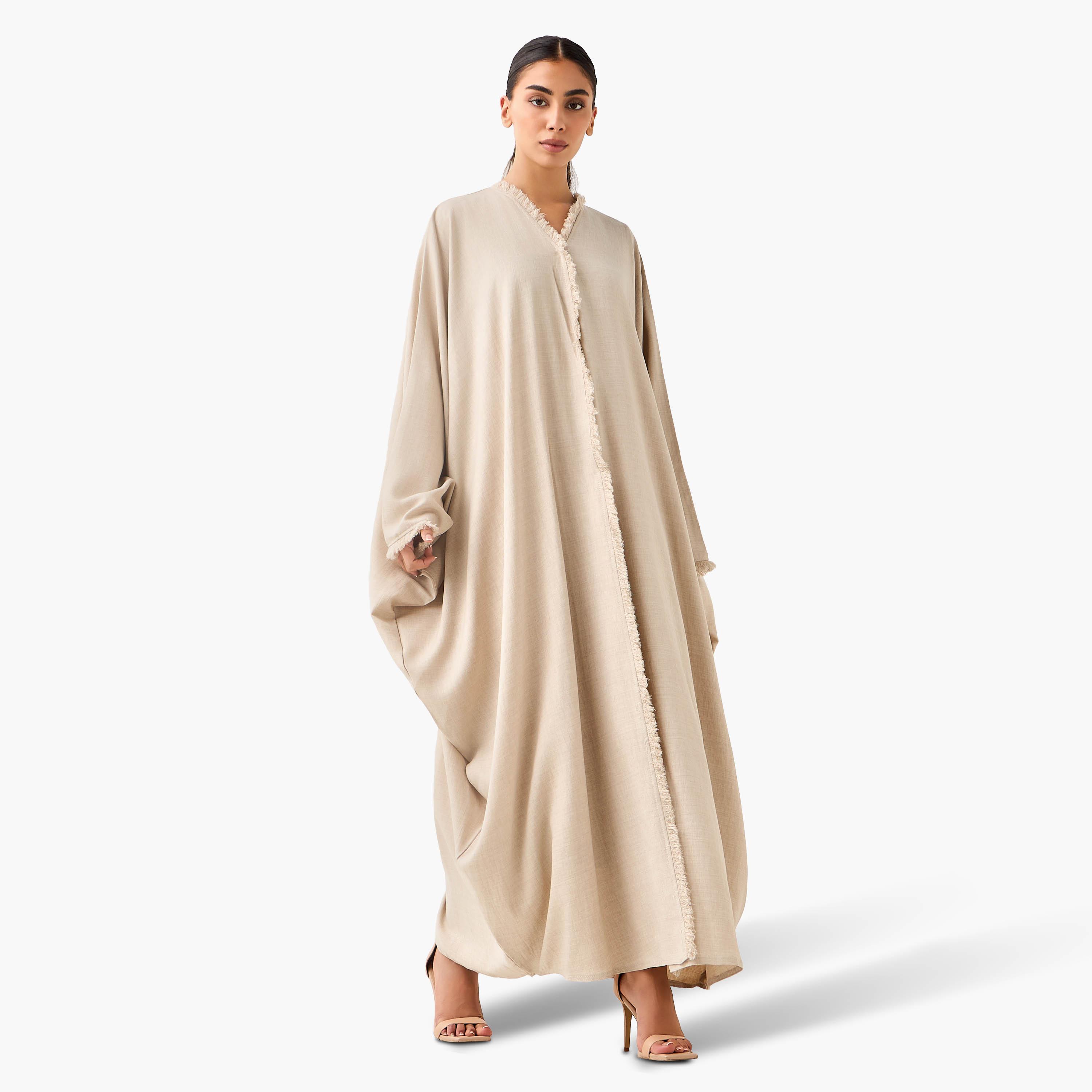 Hadiyath Al Madinah Frayed Hem Detail Abaya with Hijab-women-arabicclothing-abayas-image-2