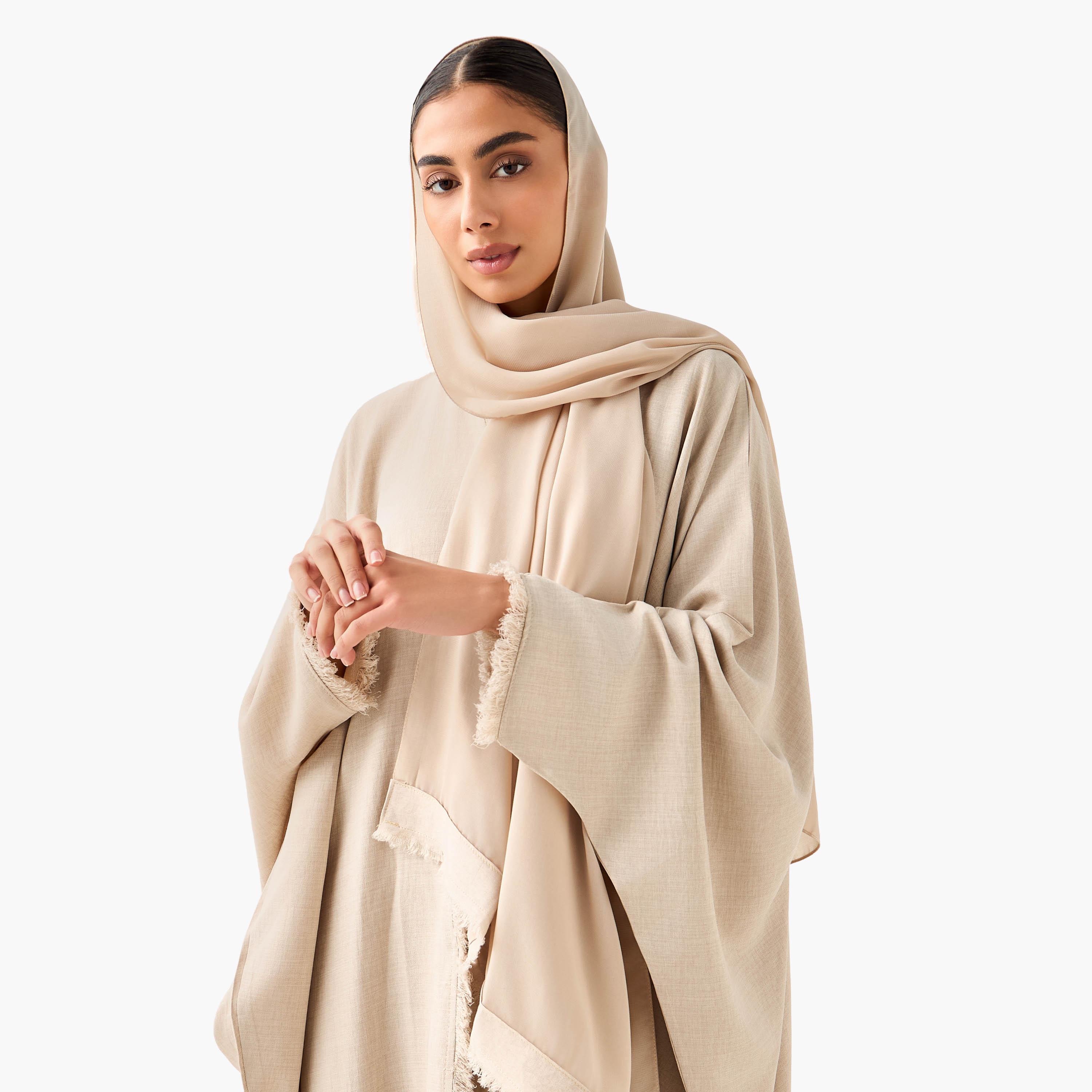 Hadiyath Al Madinah Frayed Hem Detail Abaya with Hijab-women-arabicclothing-abayas-image-4
