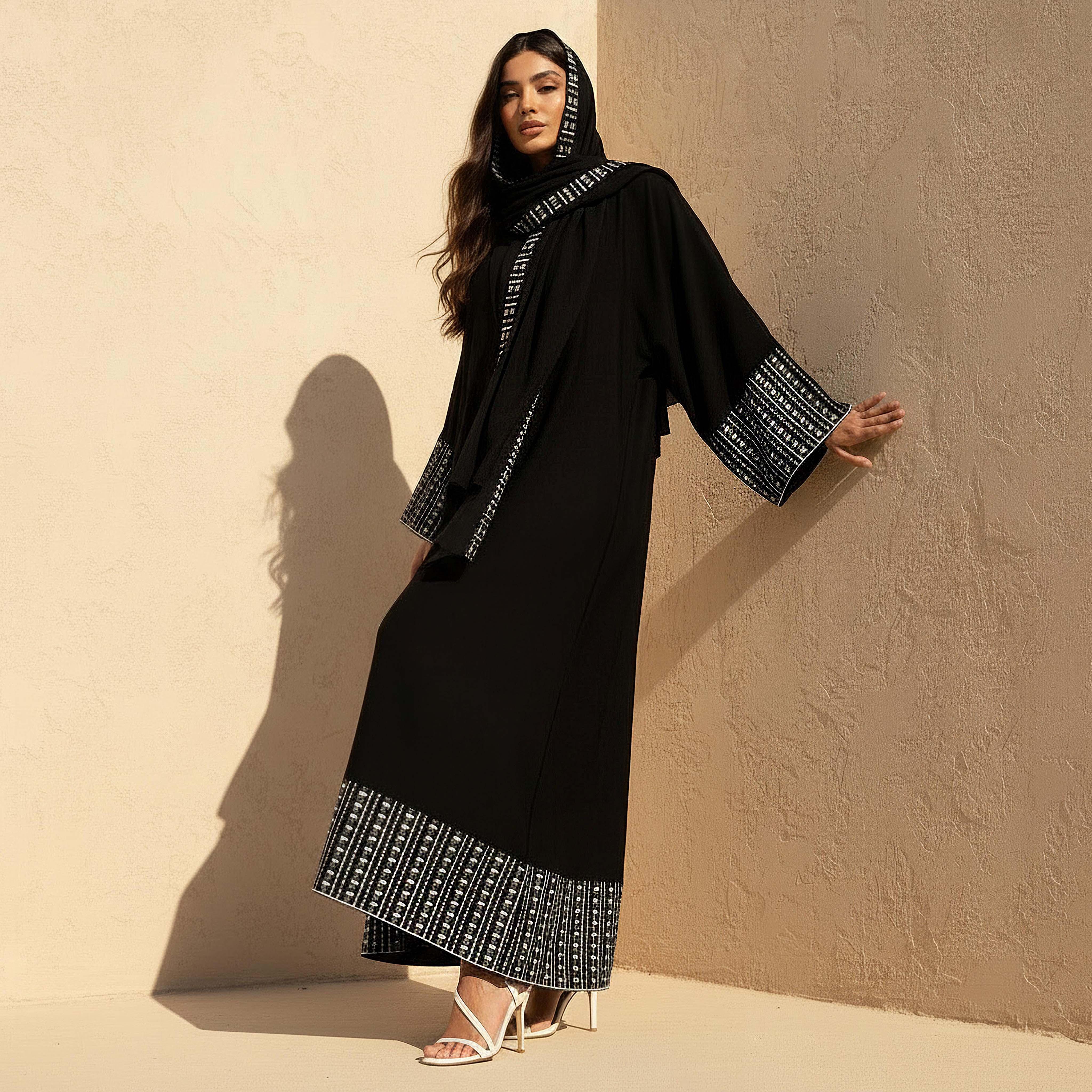 Hadiyath Al Madinah Embroidered Abaya with Hijab-women-arabicclothing-abayas-image-1