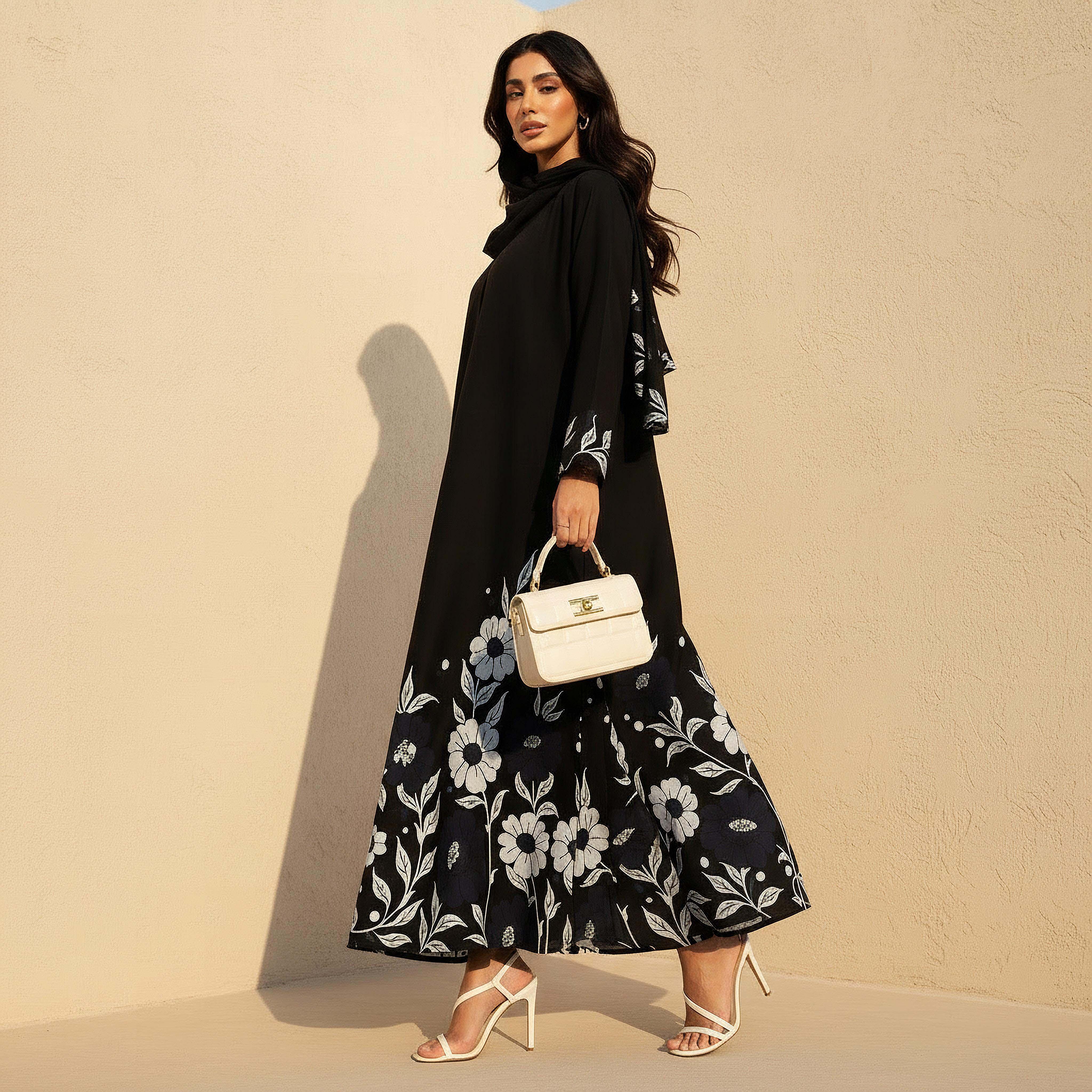 Hadiyath Al Madinah Floral Print Abaya with Hijab-women-arabicclothing-abayas-image-1