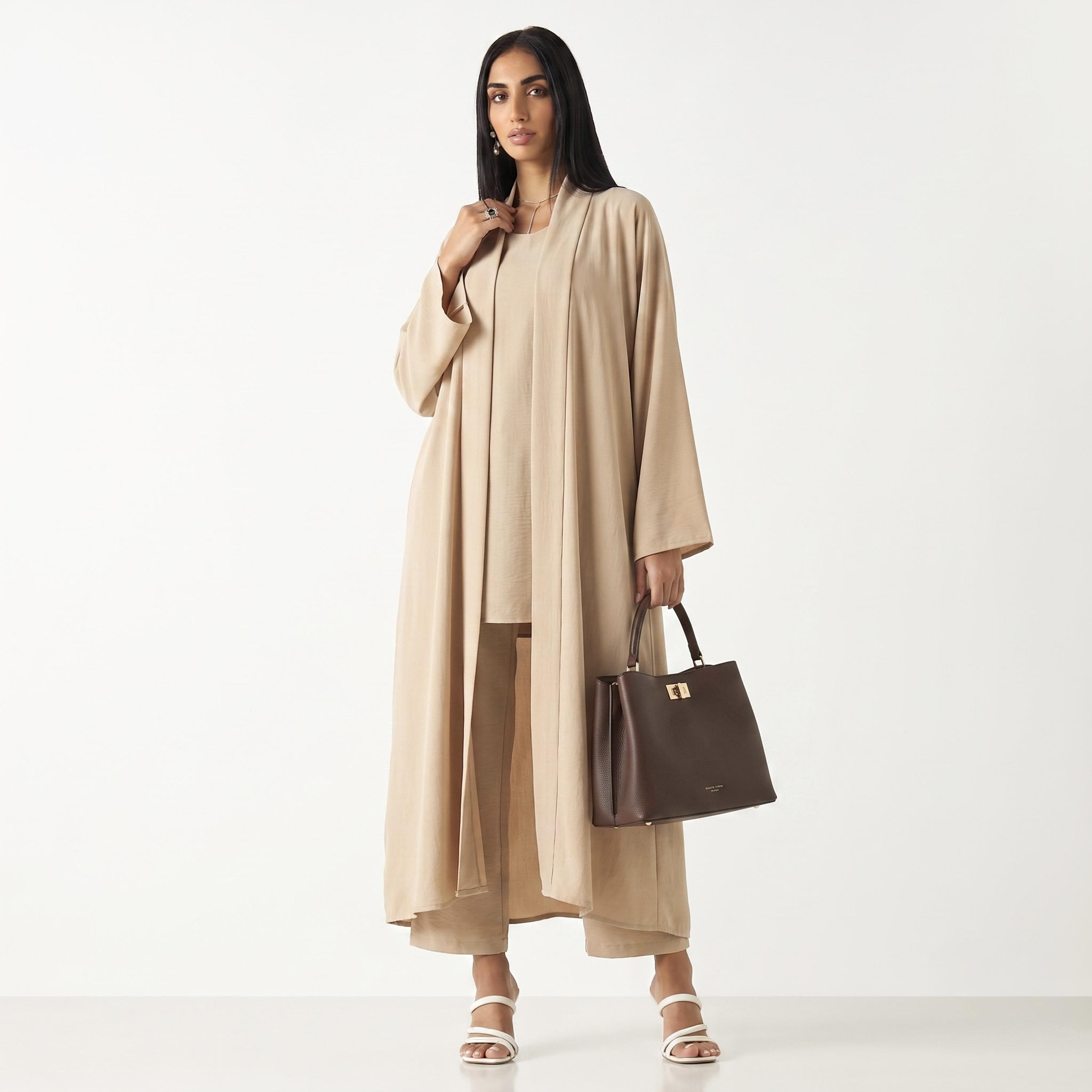 طقم عباءة وحجاب نيدا للنساء باللون البيج مع توب داخلي وبنطال من حديث المدينة-women-arabicclothing-sets-image-1