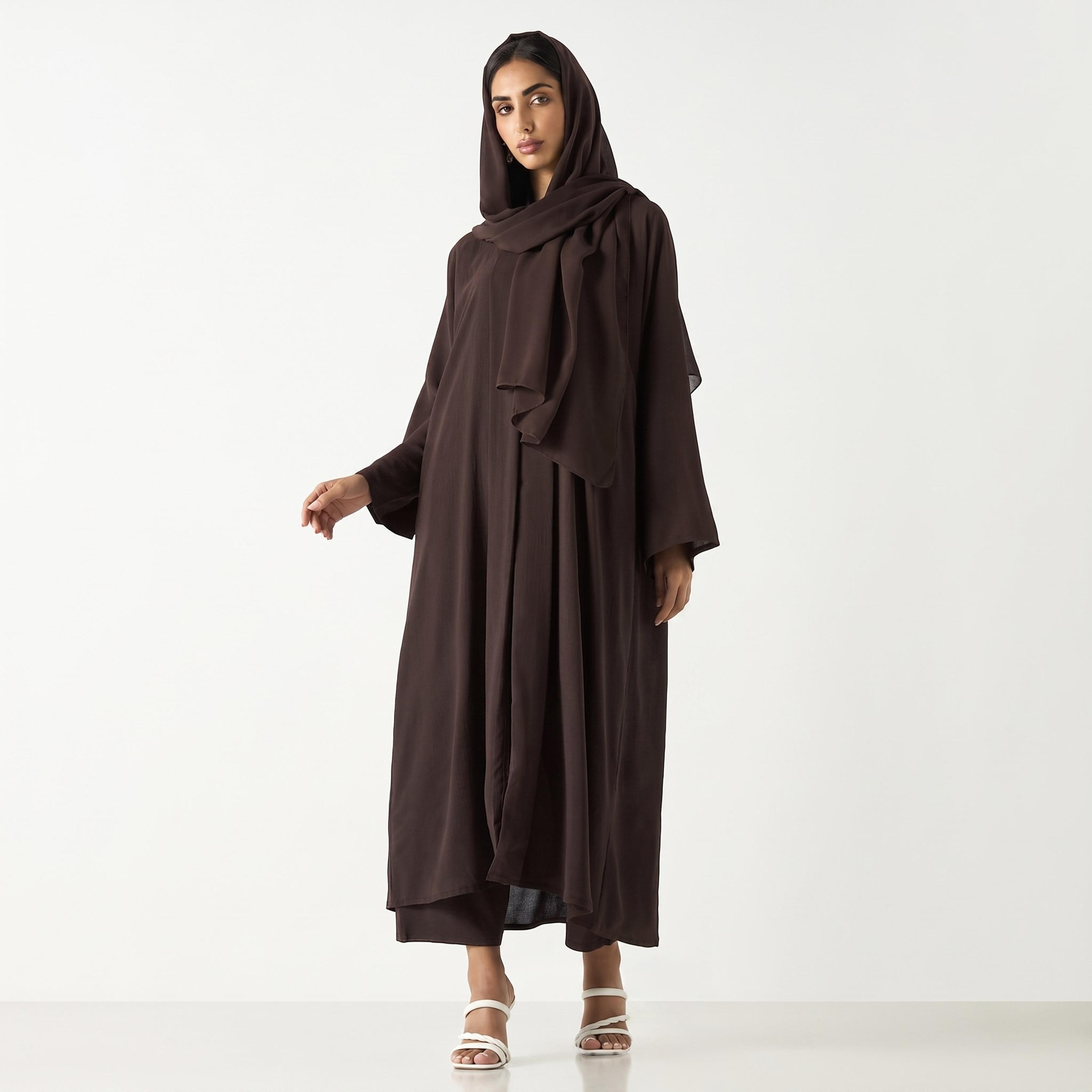 طقم عباءة وحجاب نيدا للنساء باللون البني مع توب داخلي وبنطال من حديث المدينة-women-arabicclothing-sets-image-1