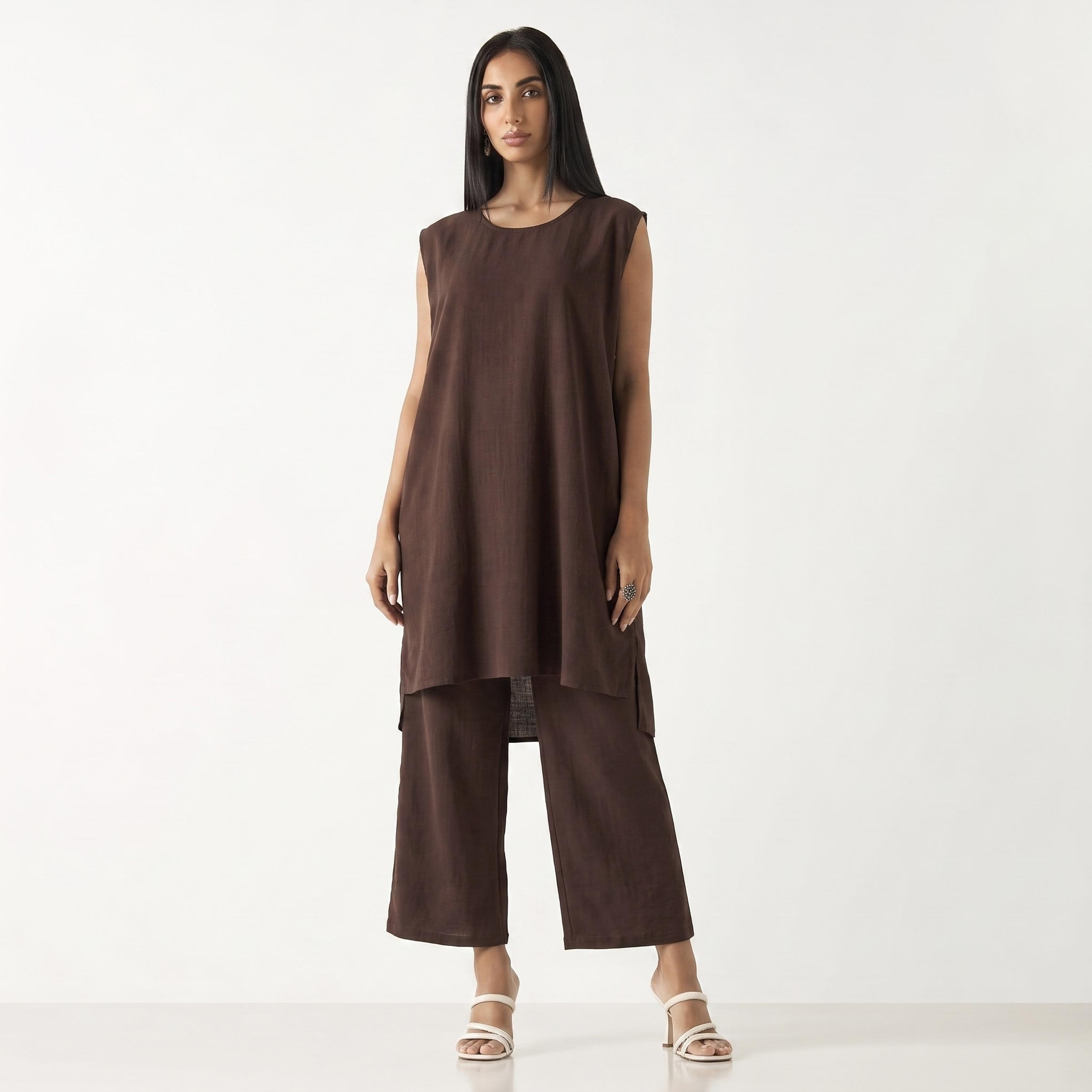 طقم عباءة وحجاب نيدا للنساء باللون البني مع توب داخلي وبنطال من حديث المدينة-women-arabicclothing-sets-image-2