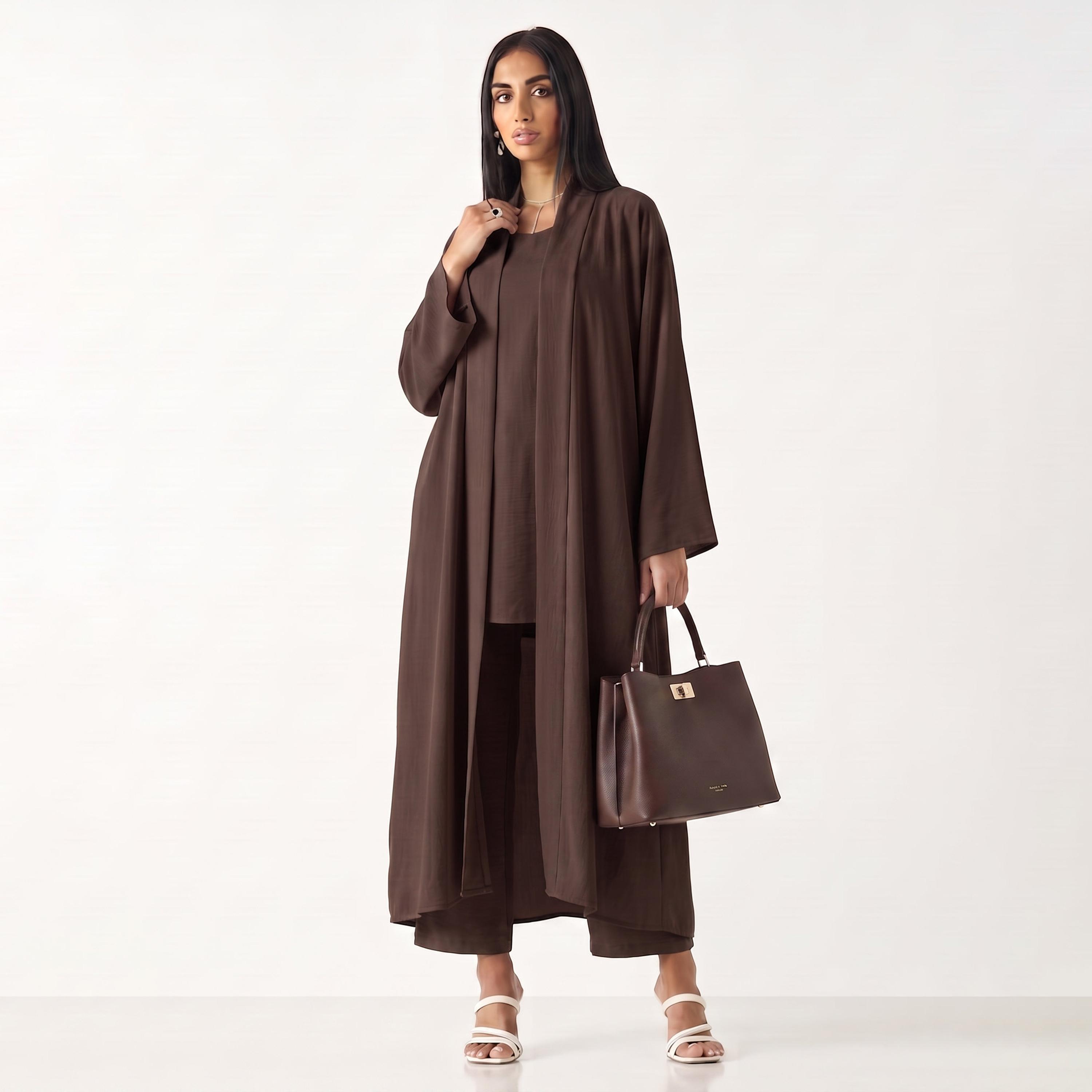 طقم عباءة وحجاب نيدا للنساء باللون البني مع توب داخلي وبنطال من حديث المدينة-women-arabicclothing-sets-image-3