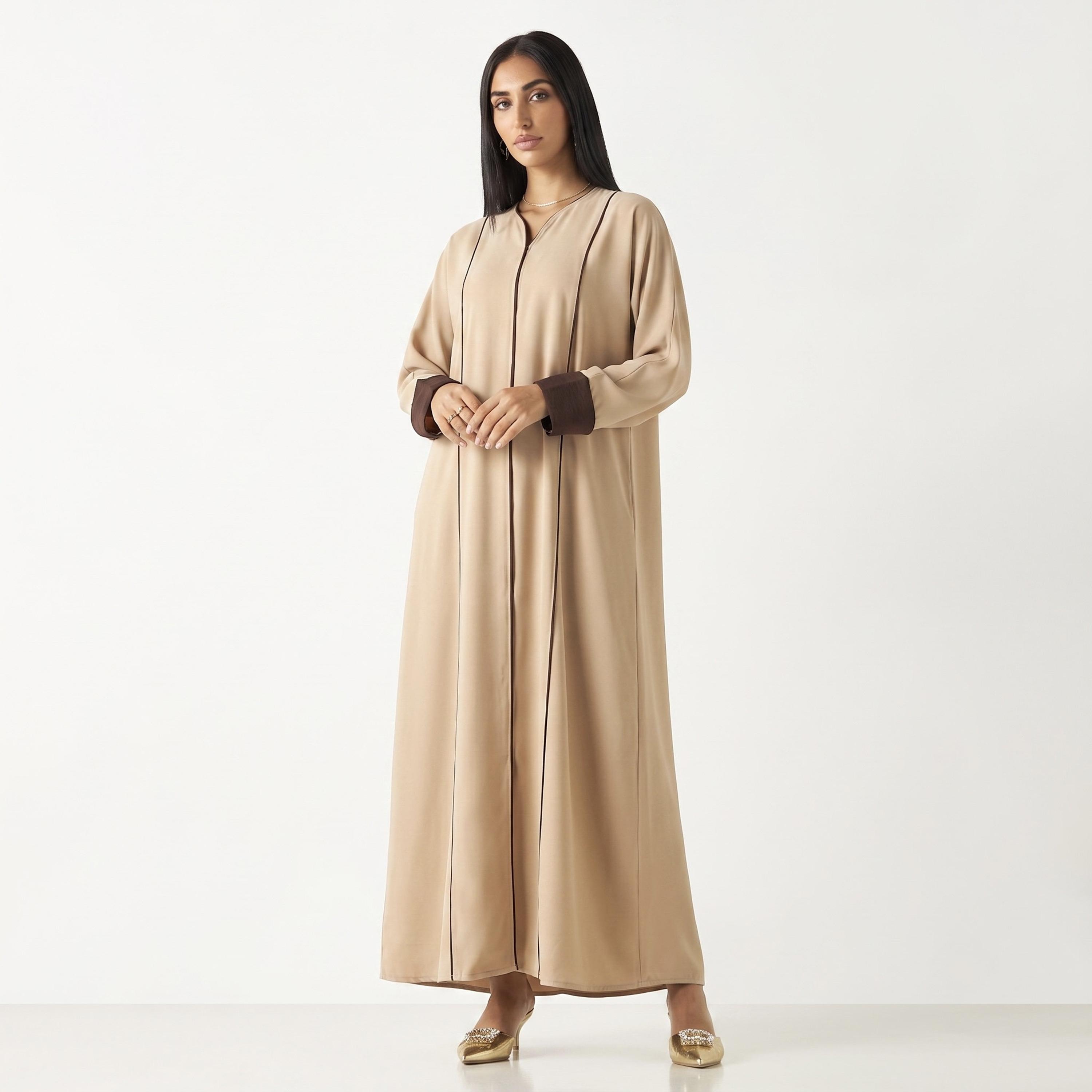 Hadiyath Al Madinah Piping Detailed Contrast Cuff Sleeves Nida Women's Abaya with Hijab-women-arabicclothing-abayas-image-1