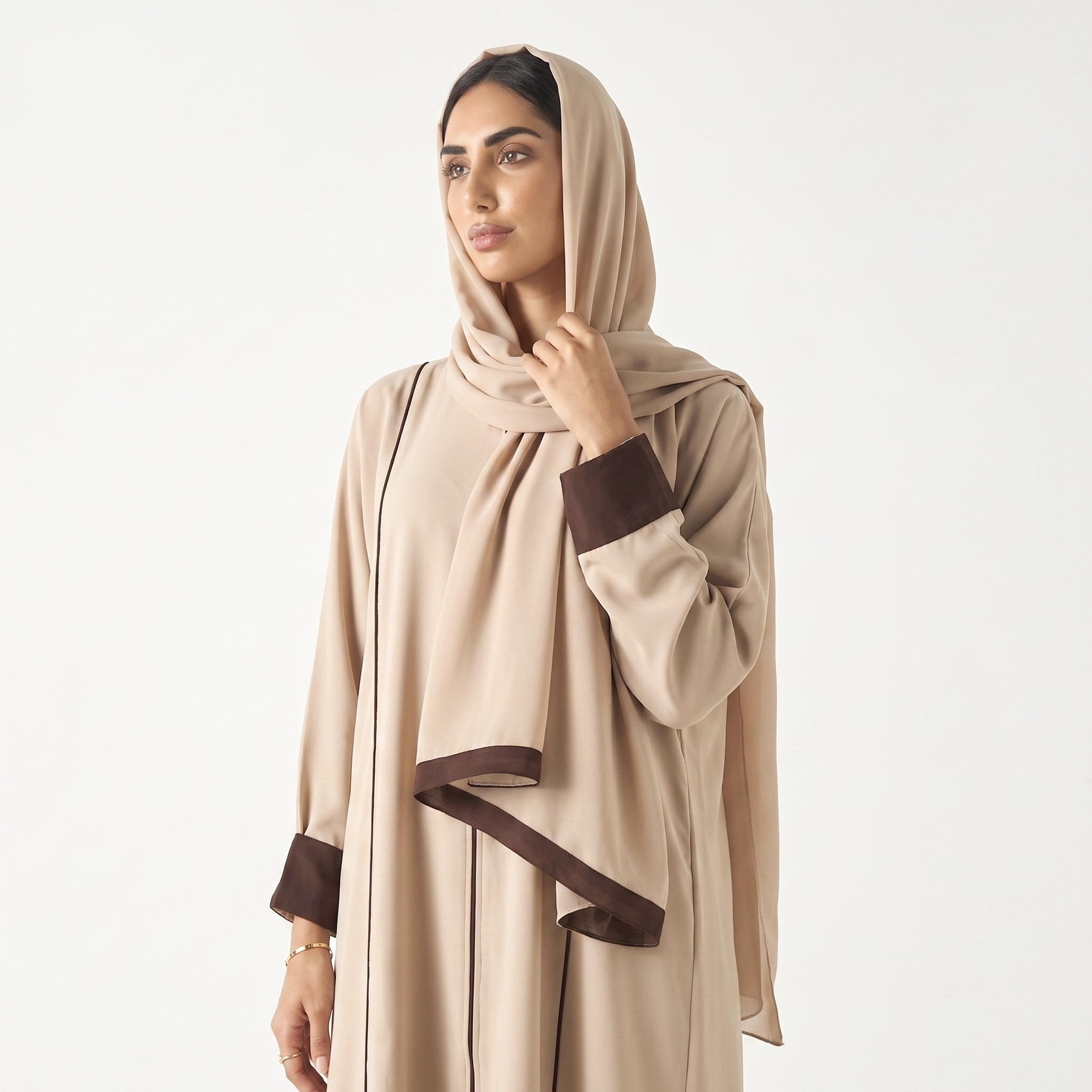 Hadiyath Al Madinah Piping Detailed Contrast Cuff Sleeves Nida Women's Abaya with Hijab-women-arabicclothing-abayas-image-2
