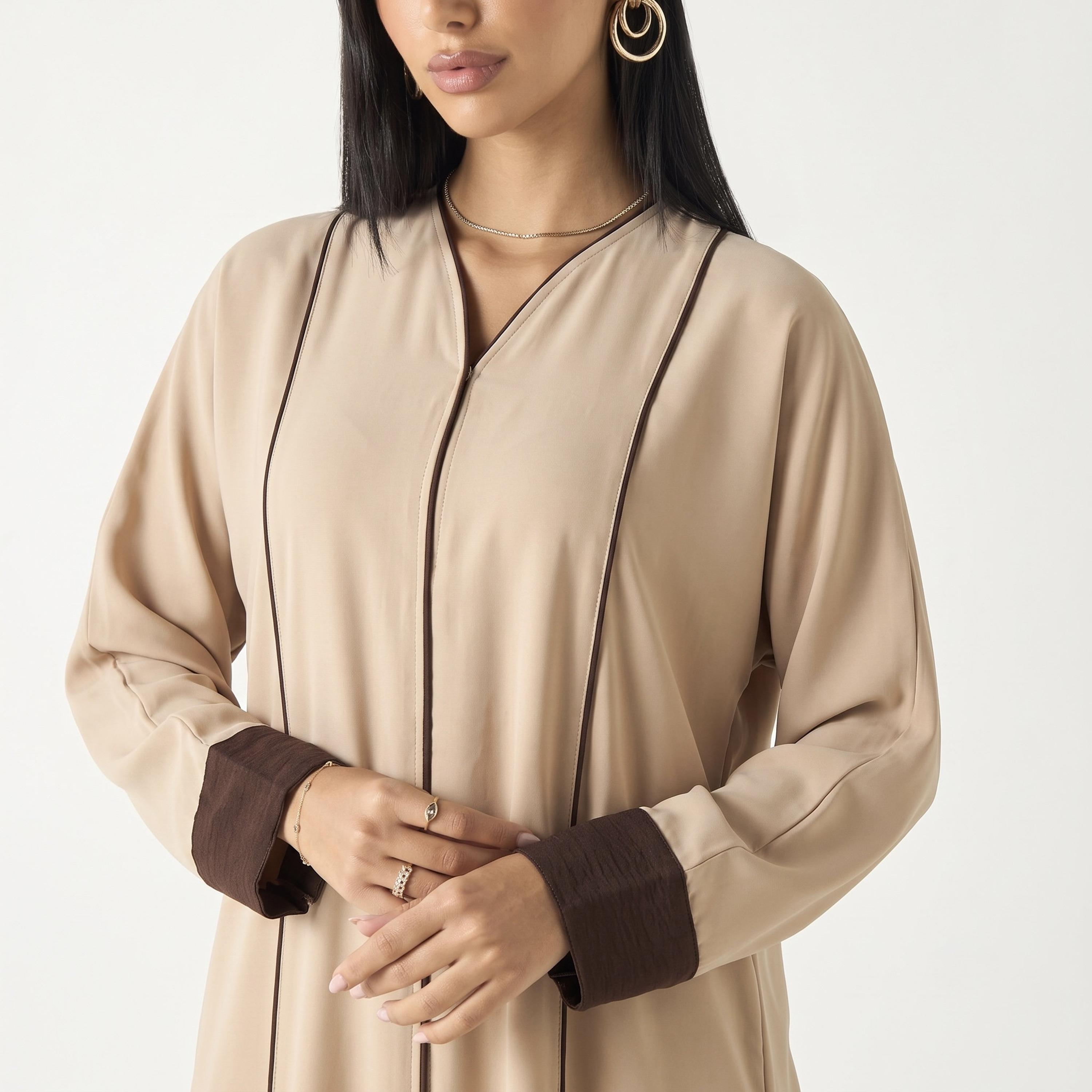 Hadiyath Al Madinah Piping Detailed Contrast Cuff Sleeves Nida Women's Abaya with Hijab-women-arabicclothing-abayas-image-3