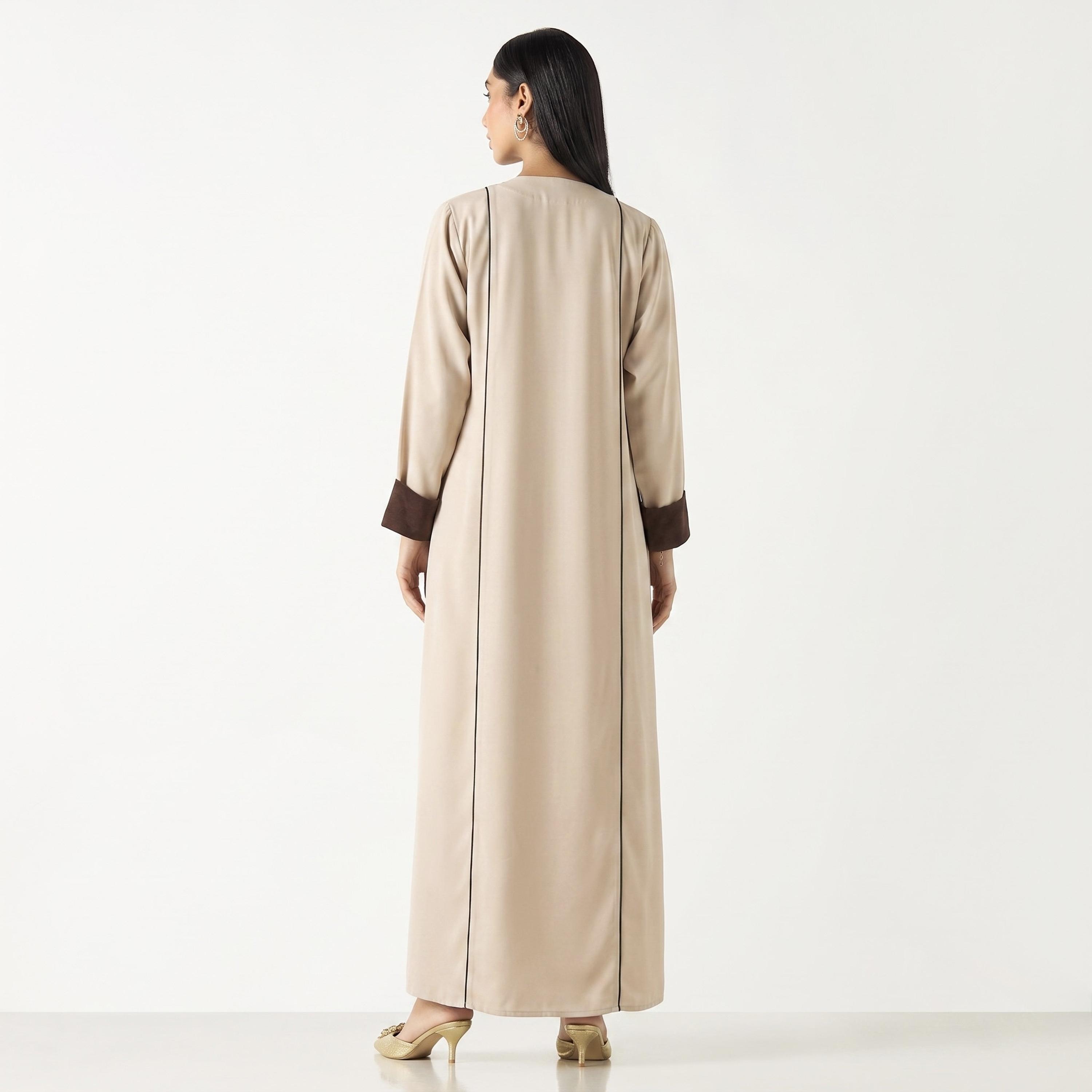 Hadiyath Al Madinah Piping Detailed Contrast Cuff Sleeves Nida Women's Abaya with Hijab-women-arabicclothing-abayas-image-4