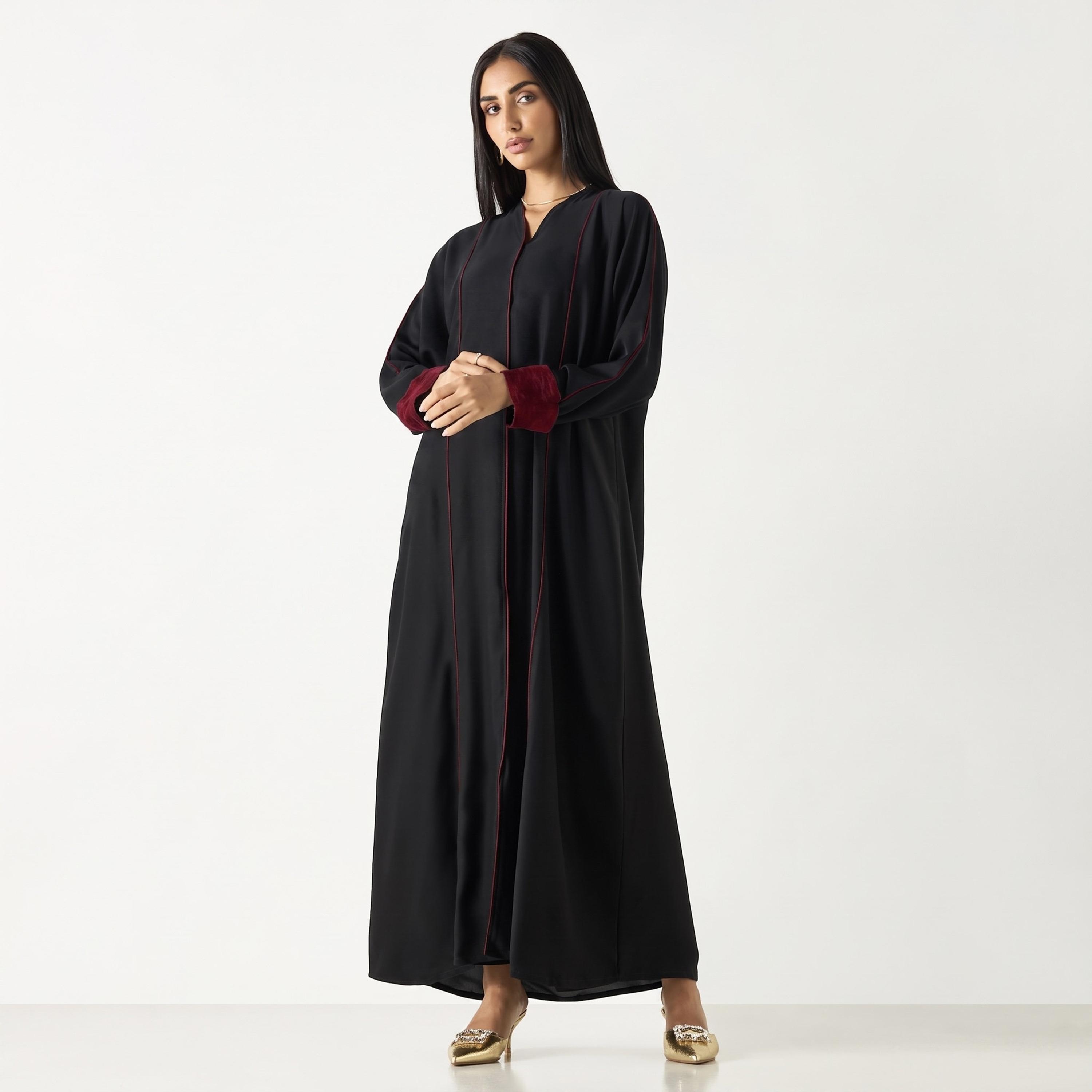 Hadiyath Al Madinah Piping Detailed Contrast Cuff Sleeves Nida Women's Abaya with Hijab-women-arabicclothing-abayas-image-1