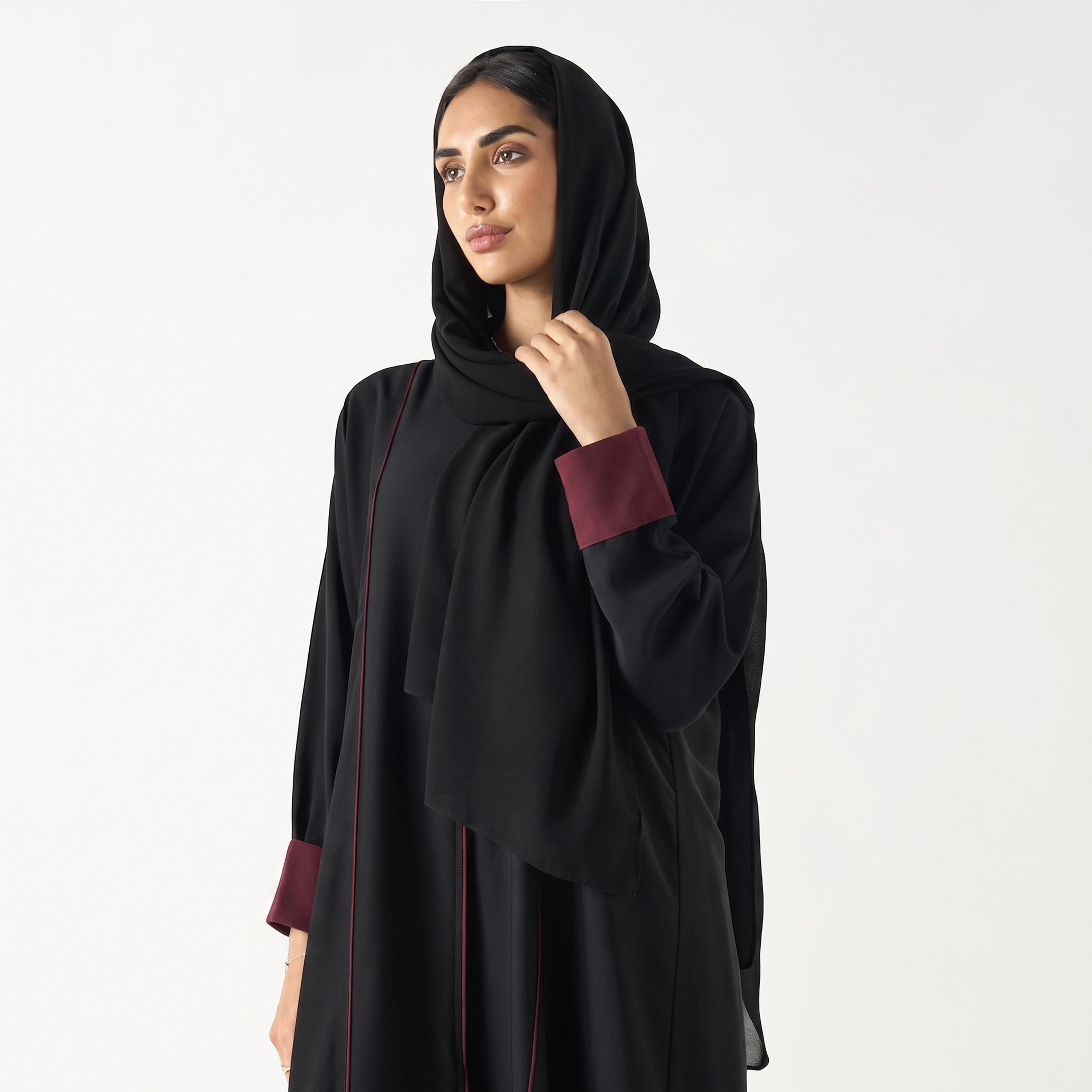 Hadiyath Al Madinah Piping Detailed Contrast Cuff Sleeves Nida Women's Abaya with Hijab-women-arabicclothing-abayas-image-2