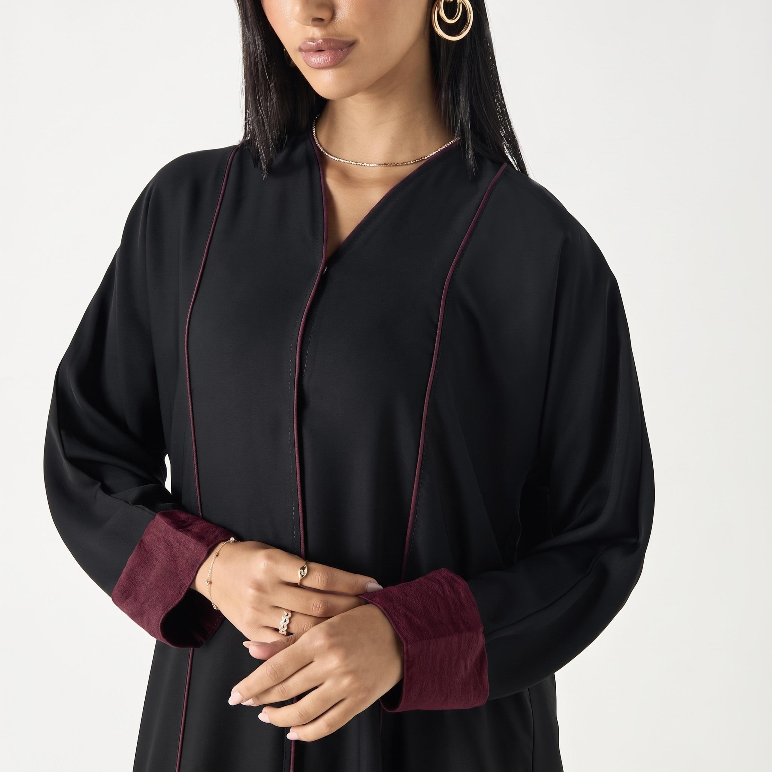 Hadiyath Al Madinah Piping Detailed Contrast Cuff Sleeves Nida Women's Abaya with Hijab-women-arabicclothing-abayas-image-3