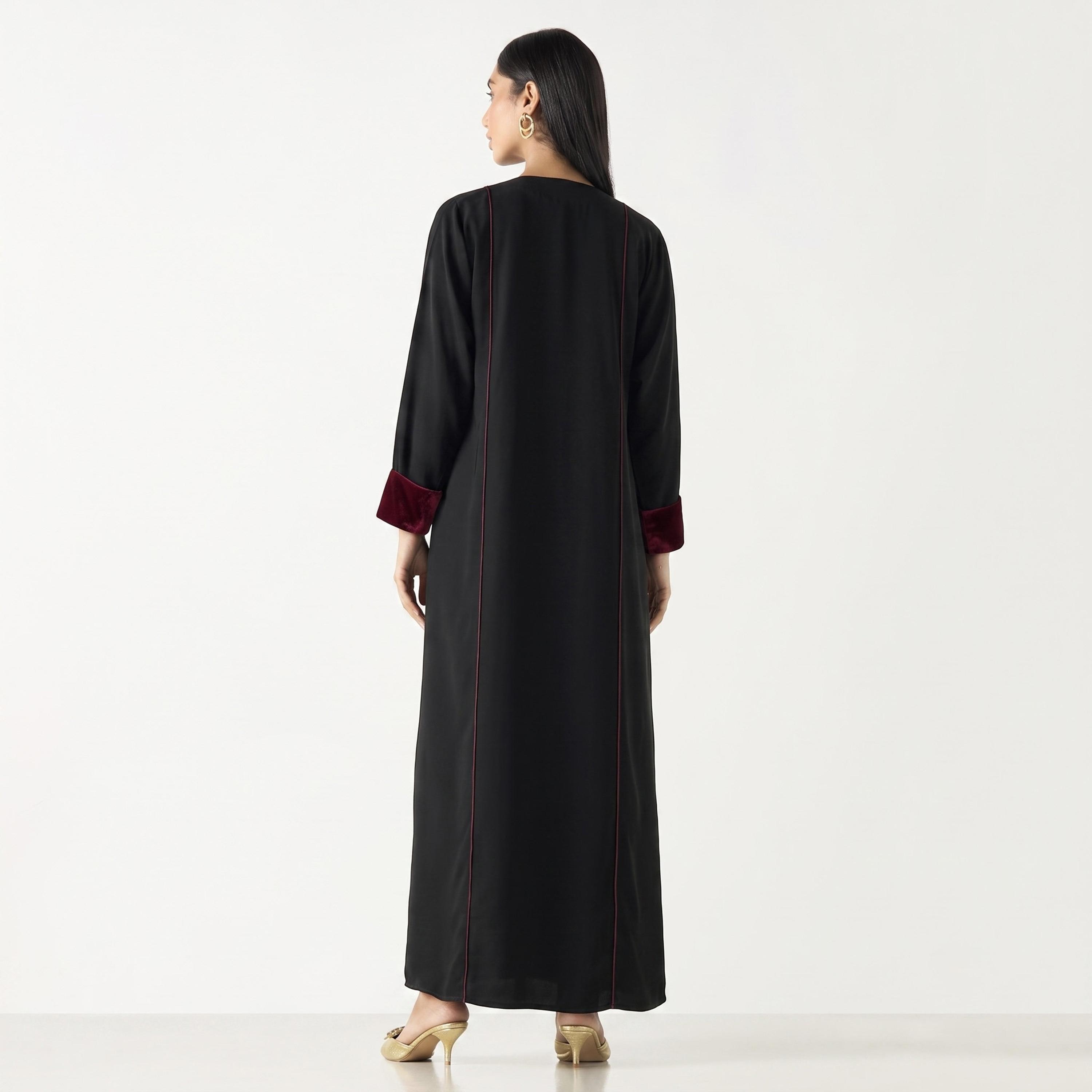 Hadiyath Al Madinah Piping Detailed Contrast Cuff Sleeves Nida Women's Abaya with Hijab-women-arabicclothing-abayas-image-4