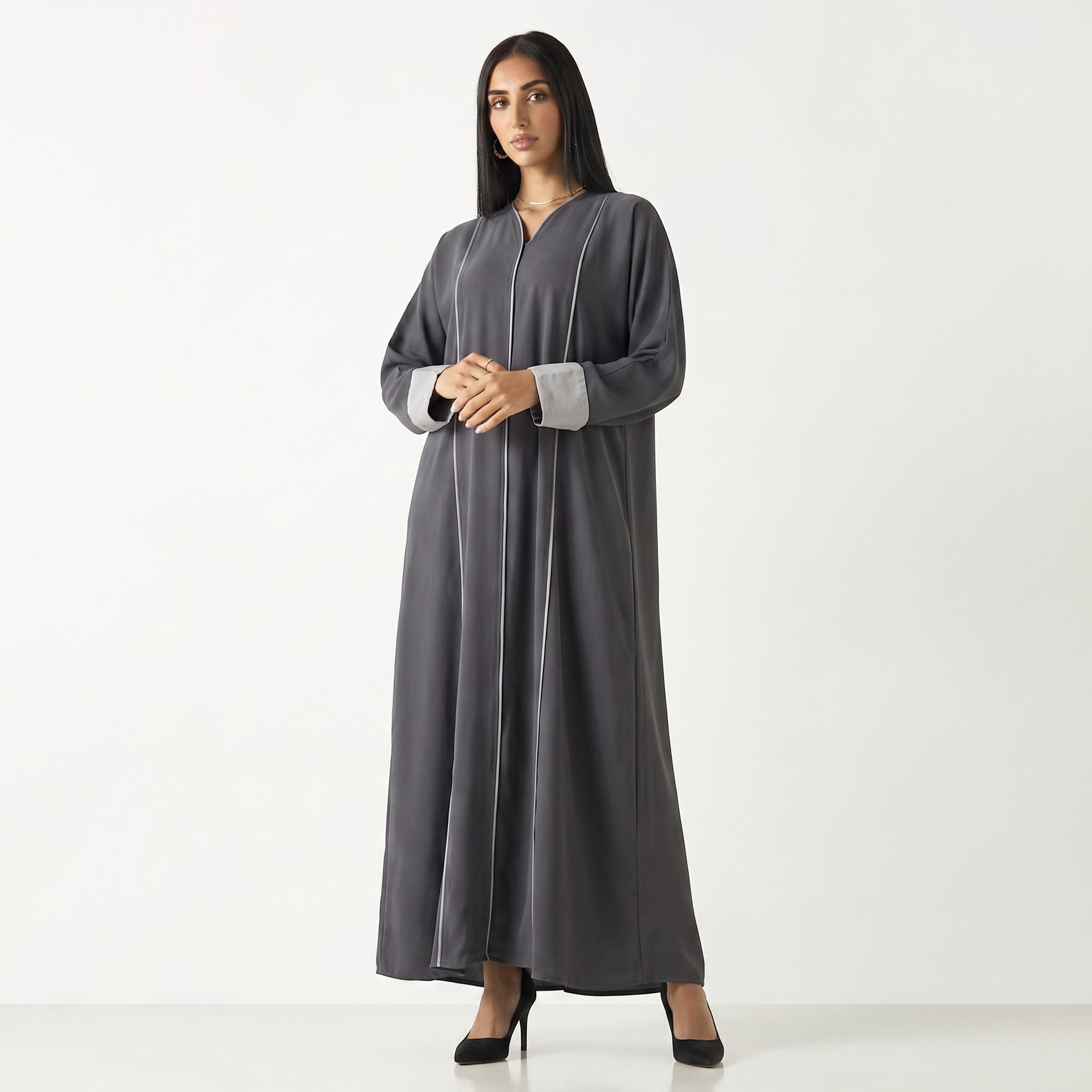 Hadiyath Al Madinah Piping Detailed Contrast Cuff Sleeves Nida Women's Abaya with Hijab-women-arabicclothing-abayas-image-1