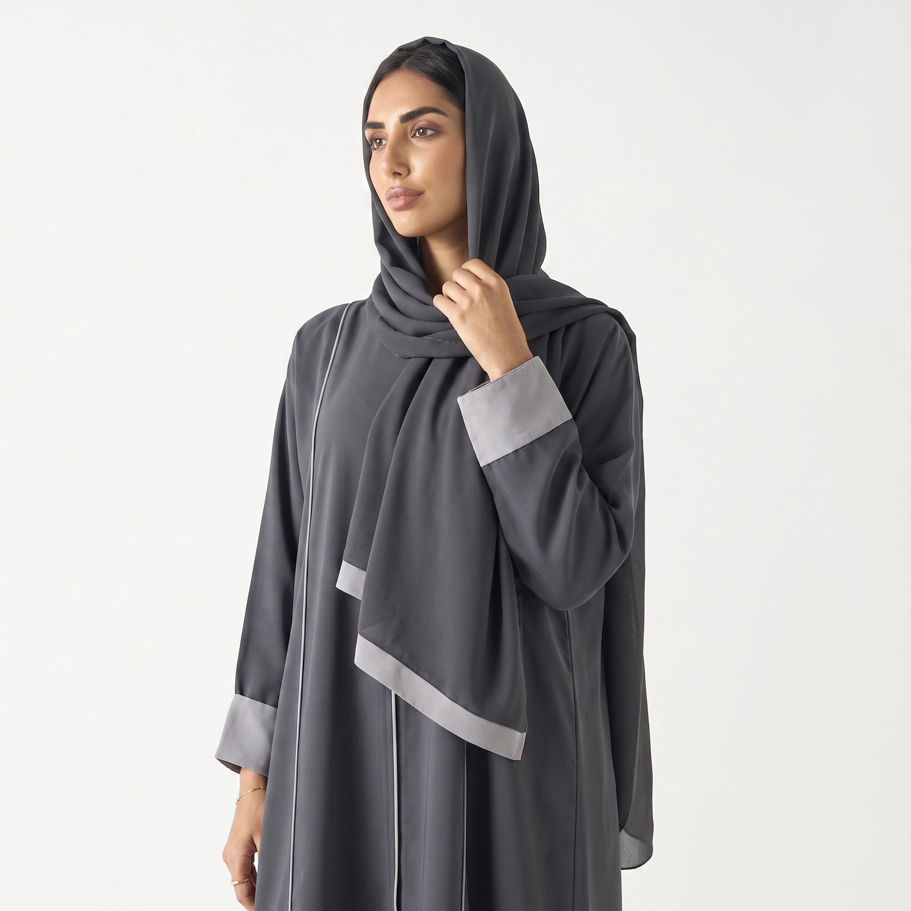 Hadiyath Al Madinah Piping Detailed Contrast Cuff Sleeves Nida Women's Abaya with Hijab-women-arabicclothing-abayas-image-2