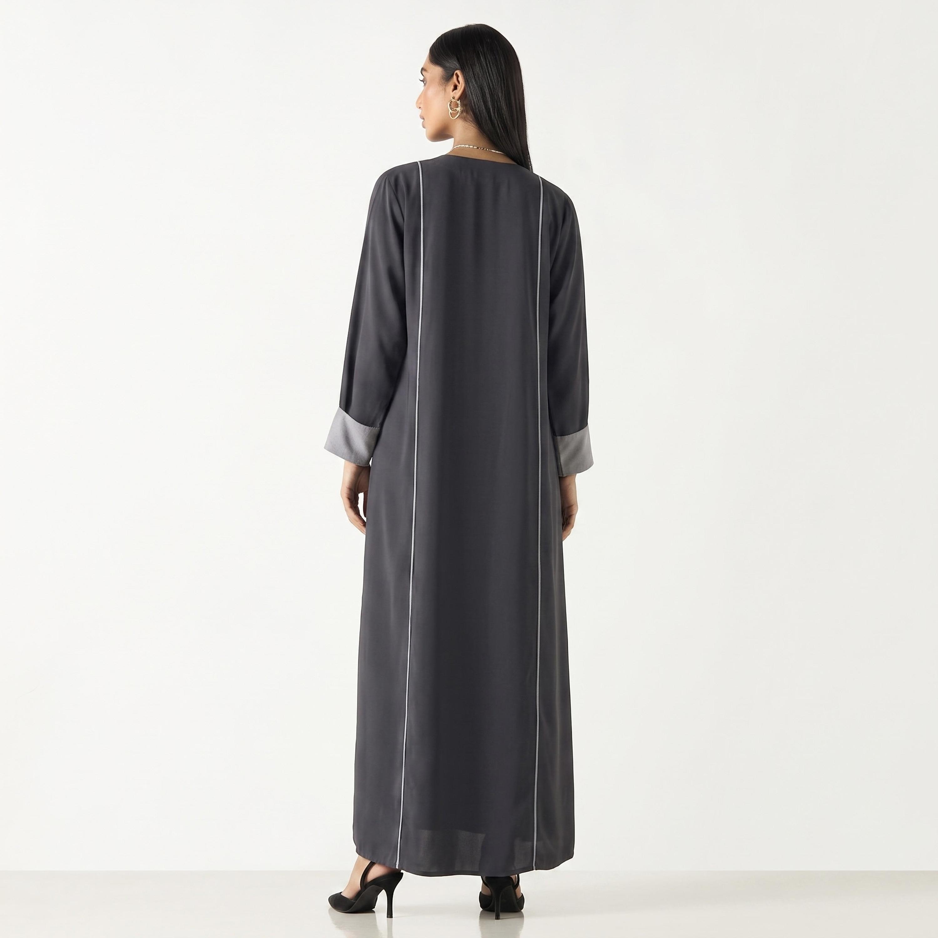 Hadiyath Al Madinah Piping Detailed Contrast Cuff Sleeves Nida Women's Abaya with Hijab-women-arabicclothing-abayas-image-4