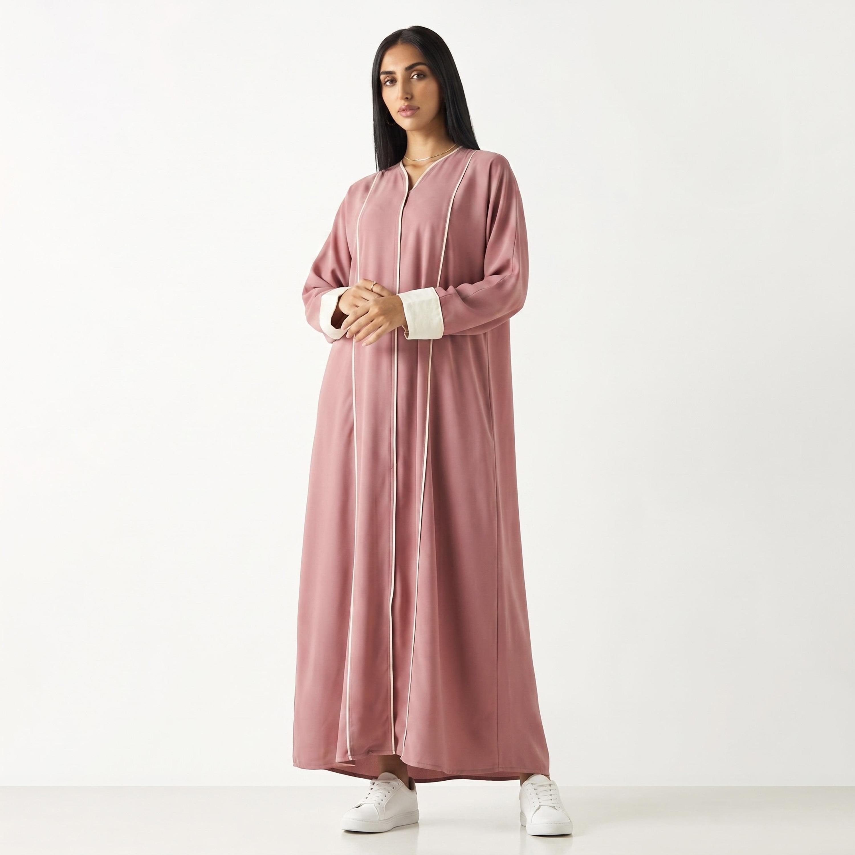 Hadiyath Al Madinah Piping Detailed Contrast Cuff Sleeves Nida Women's Abaya with Hijab-women-arabicclothing-abayas-image-1