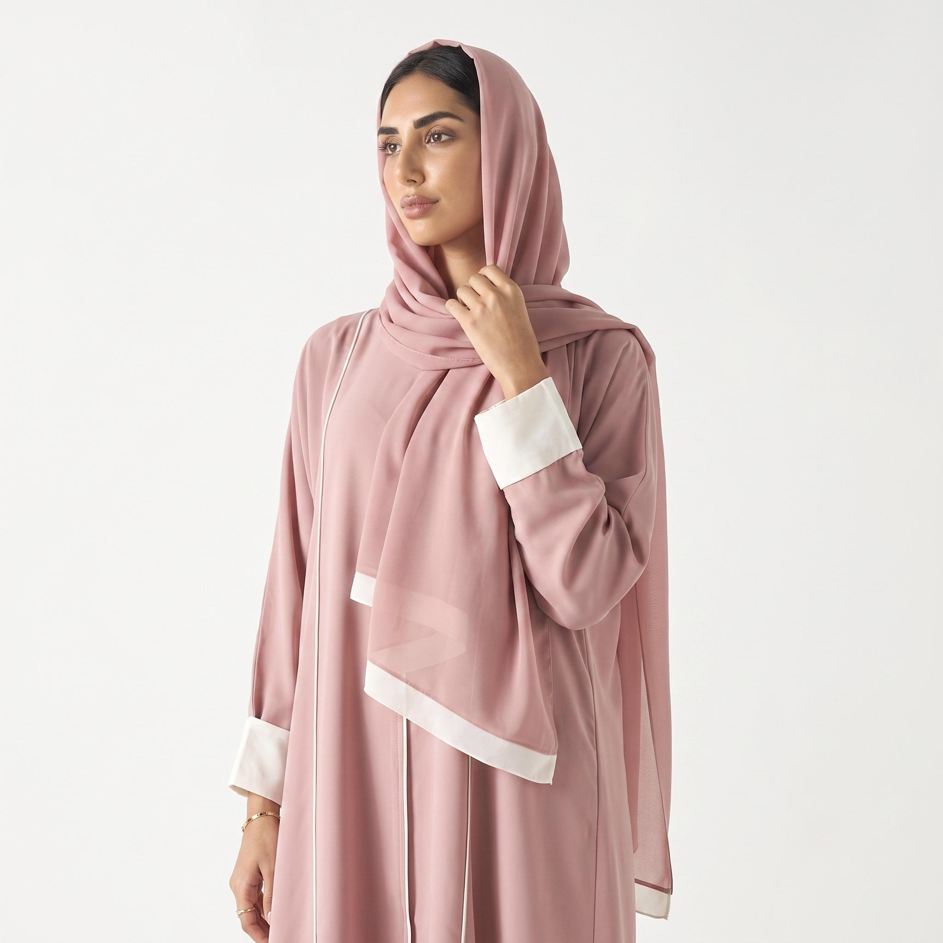 Hadiyath Al Madinah Piping Detailed Contrast Cuff Sleeves Nida Women's Abaya with Hijab-women-arabicclothing-abayas-image-2