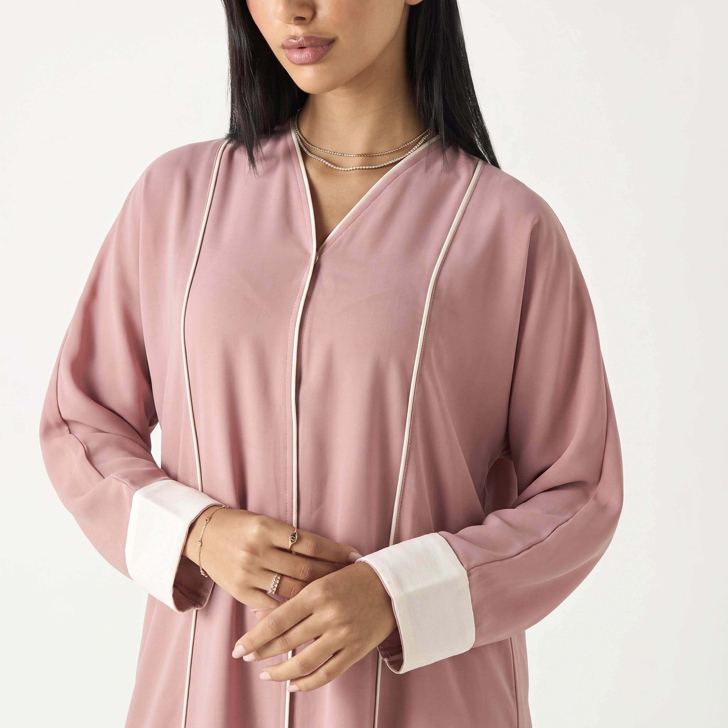 Hadiyath Al Madinah Piping Detailed Contrast Cuff Sleeves Nida Women's Abaya with Hijab-women-arabicclothing-abayas-image-3